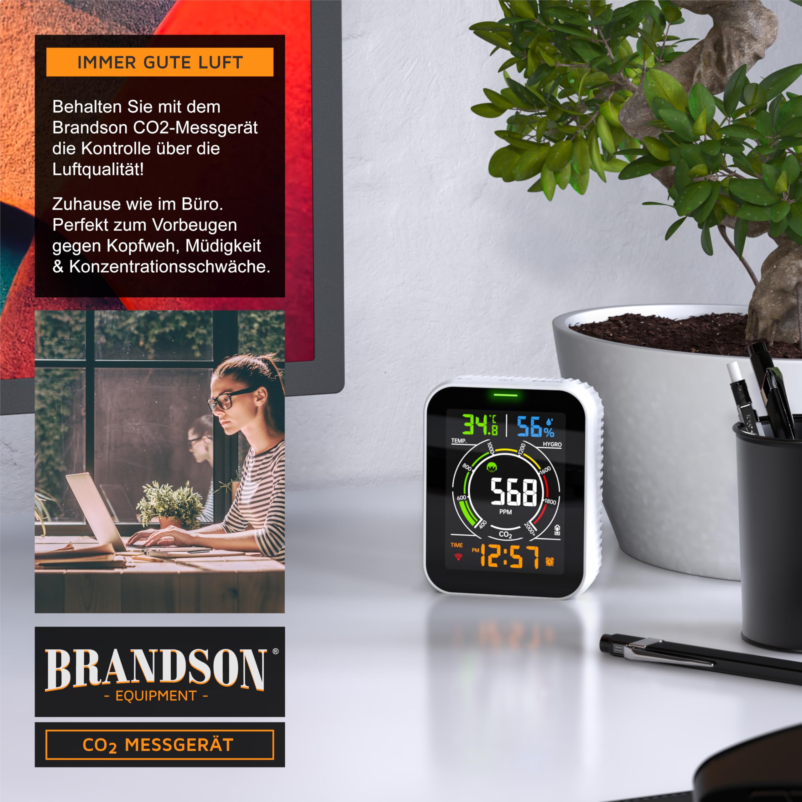 Brandson - Detector de CO2 WiFi - Medidor WiFi Comprobador de Calidad del Aire - Sensor de dióxido de Carbono Medición PPM - Tuya Smart Home - Recomendación de ventilación de Aire - Temperatura