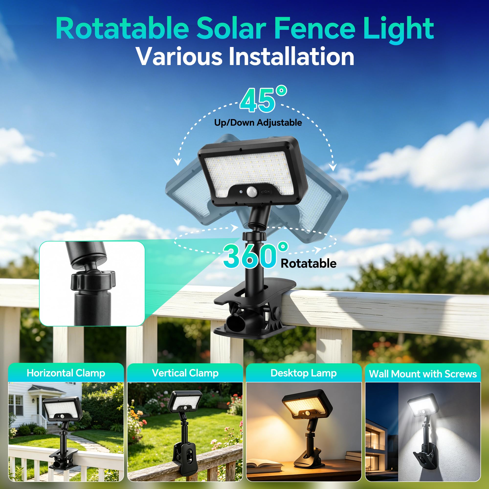 Lampade solari a clip per recinzione con sensore di movimento, applique da esterno, 2 pezzi | Ricarica solare e USB-C, 3 colori, con telecomando, IP65, rotazione 360° e inclinazione verticale 45°