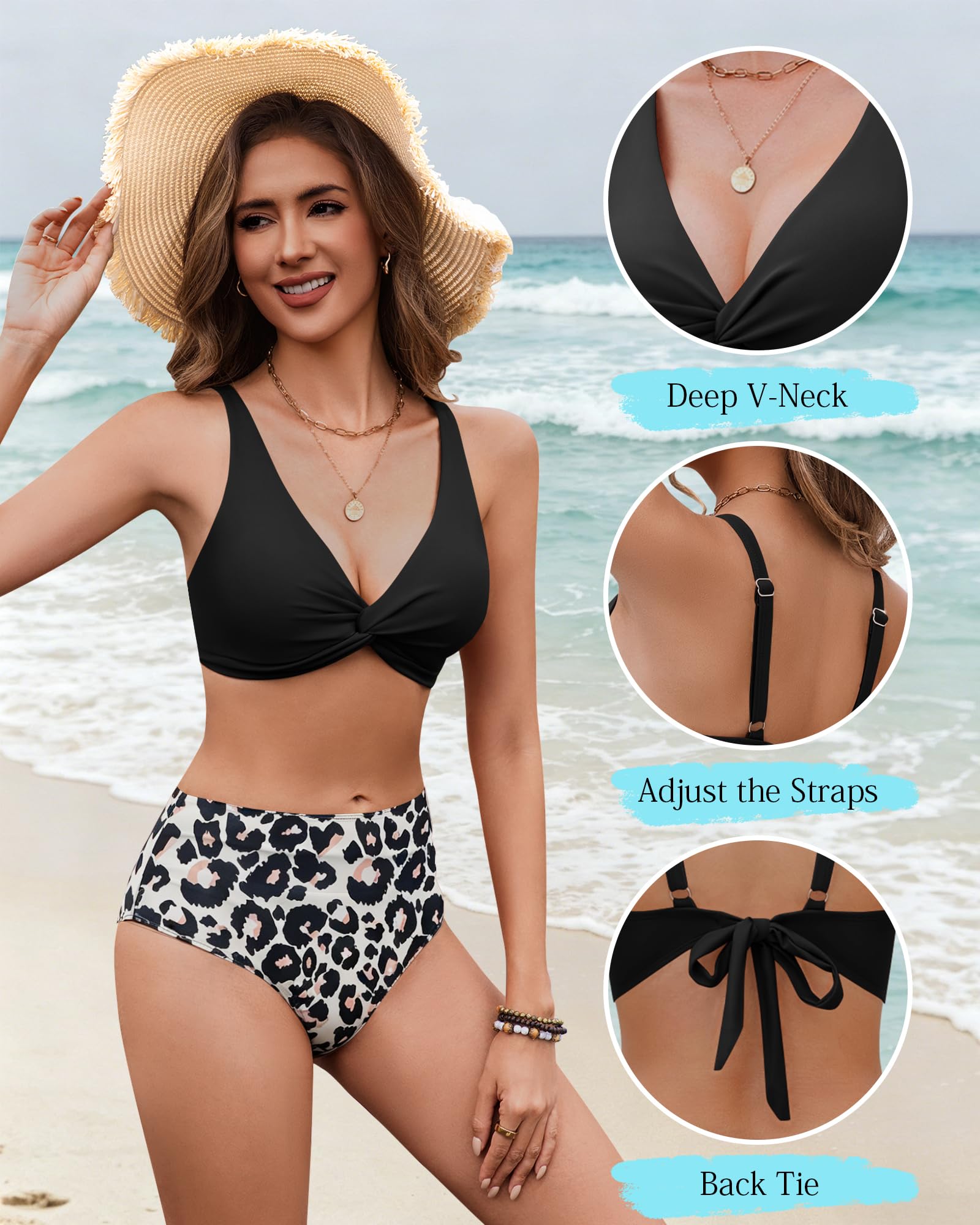 HORISUN Bikini para mujer, diseño sexy de cintura alta, traje de baño de dos piezas | Cuello en V, diseño trenzado, tirantes ajustables, lazo de espalda, estilo retro, para piscina y playa