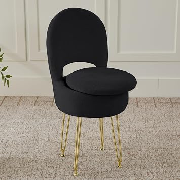 BRIAN & DANY Vanity Chair with Storage and Folding Back, Faux Fur Round Storage Chair, Vanity Stool Chair with 4 Metal Legs for Bedroom, Living Room and Makeup Stations, 13"x 13"x 17.7", Black