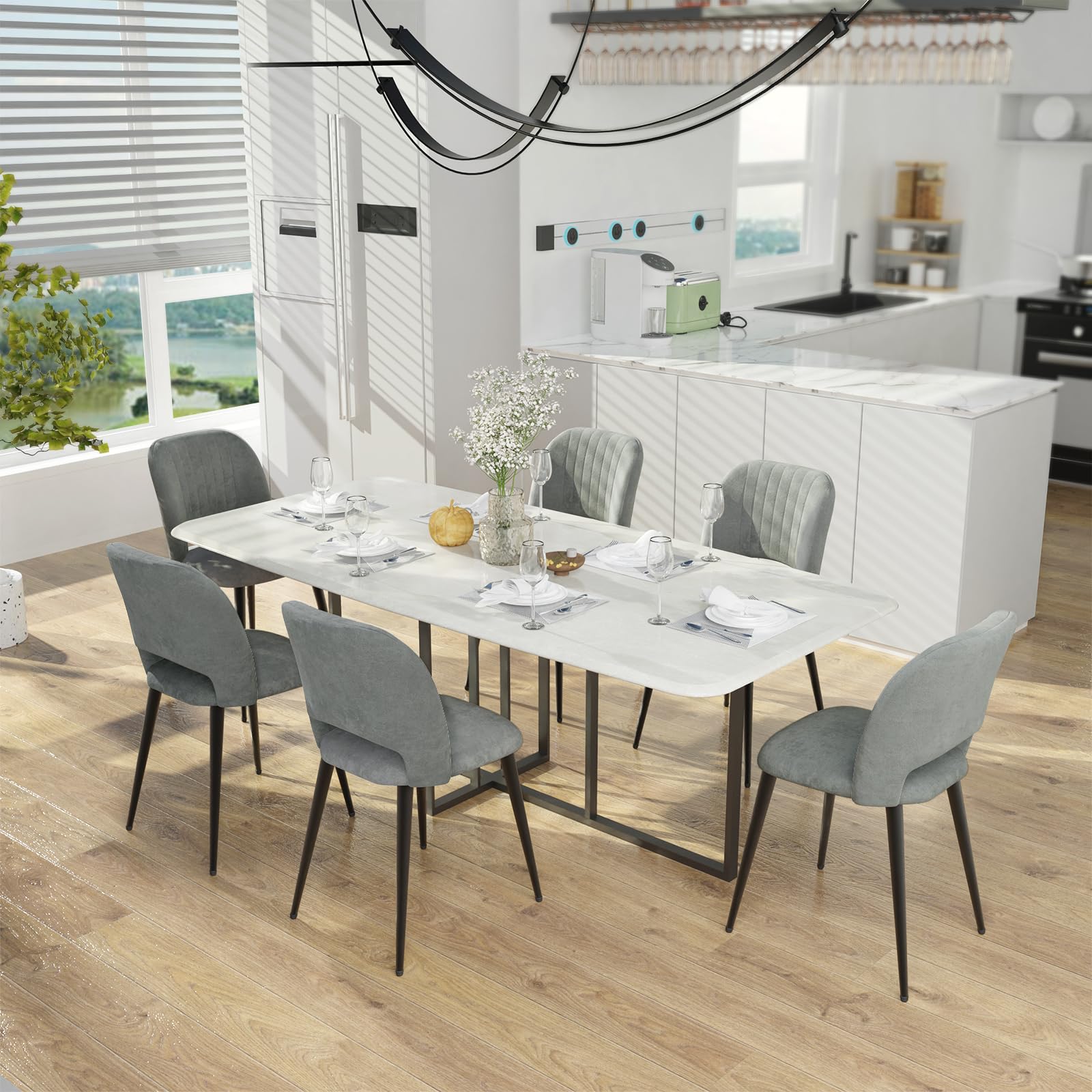 Juego de 4 Sillas de Comedor Tapizadas, Sillas de Cocina de Terciopelo | Sillas con Respaldo Patas de Metal, para Comedor, Salón, Restaurante, Recepción, Oficina, 48x45x85 cm, Gris