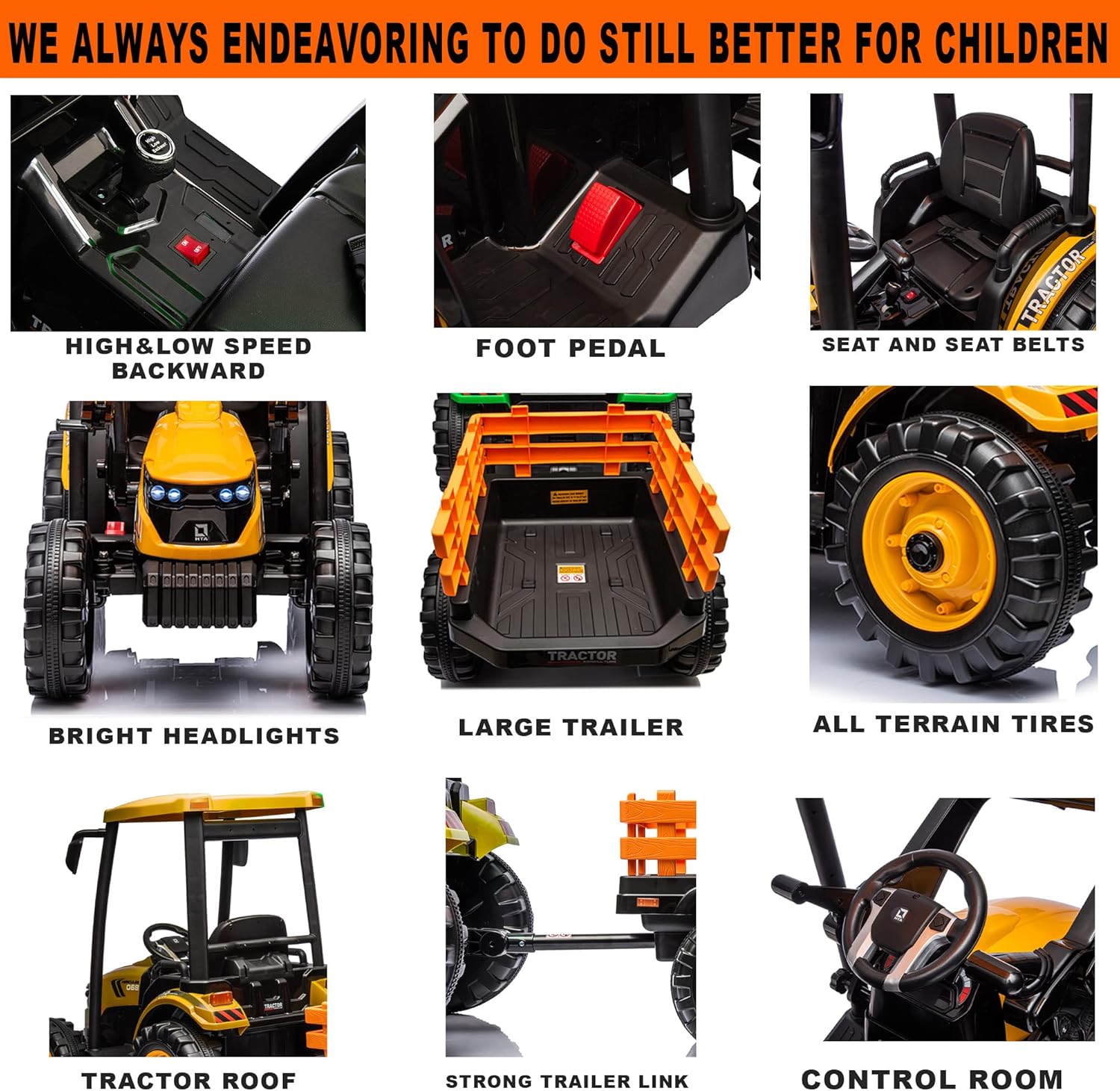 Detailed view of tractor features including high/low speed switch, foot pedal, seat, headlights, trailer, and tires