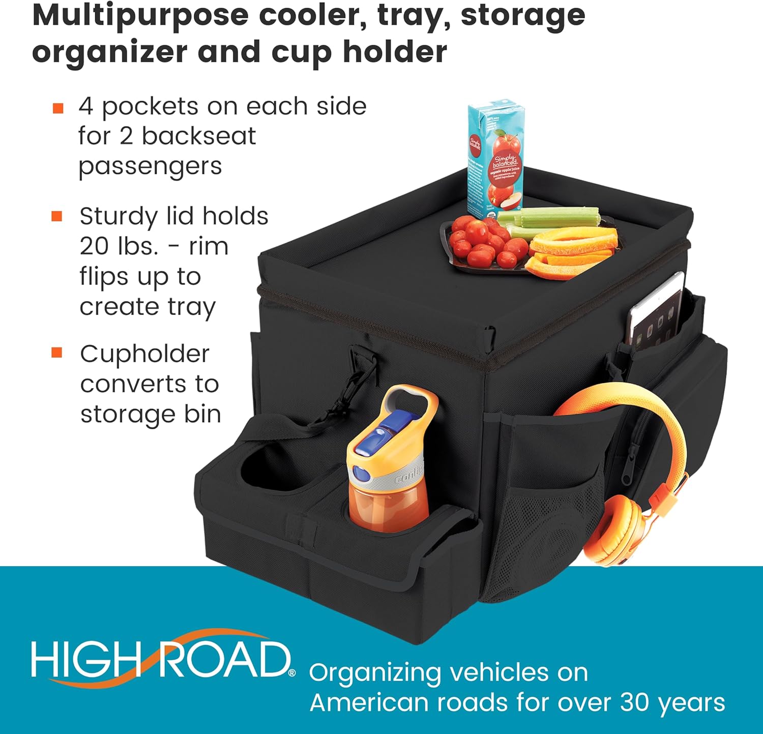 High Road Large CarHop Car Seat Organizer for the Front or Back Seat for Kids and Adults with Cup Holder Tray, Side Pockets and Cooler Compartment