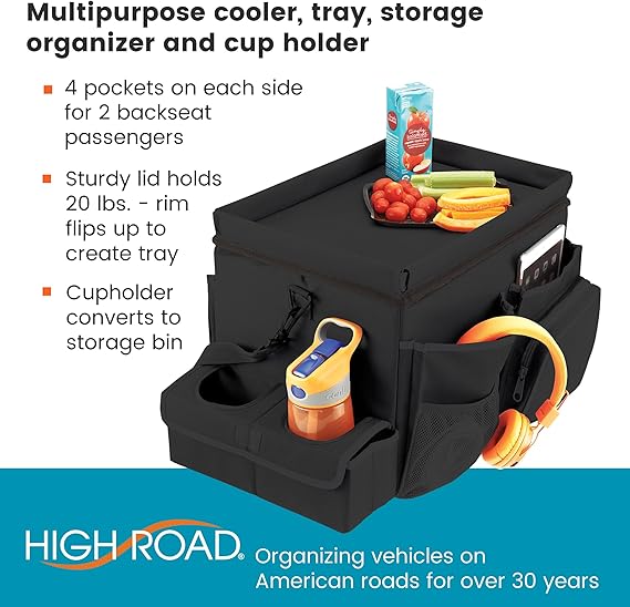 High Road CarHop Front Seat Car Organizer with Car Cup Holder, Passenger Seat Tray and Padded Filing or Cooler Compartment with Side Pocket Storage