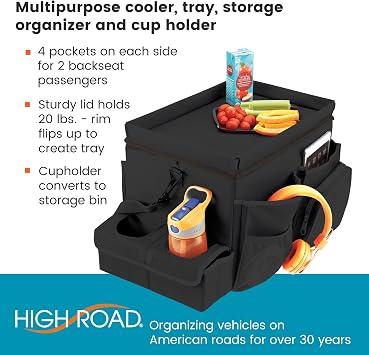 High Road CarHop Front Seat Car Organizer with Car Cup Holder, Passenger Seat Tray and Padded Filing or Cooler Compartment with Side Pocket Storage