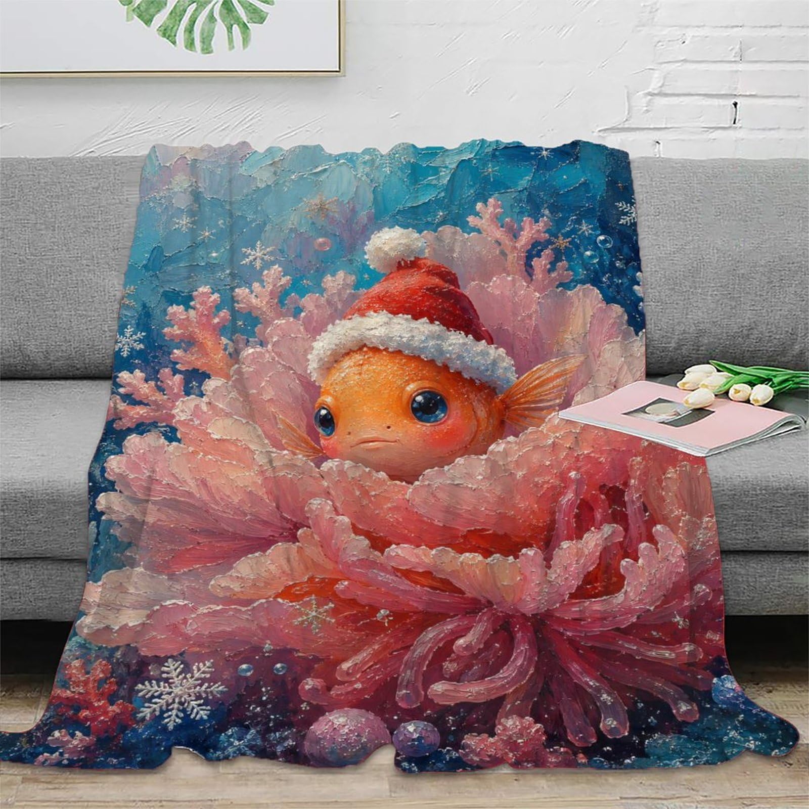 W7C8U2X3 Clownfish Santa Hat Anemone Blanket, Flannel, Tropical Ocean Art