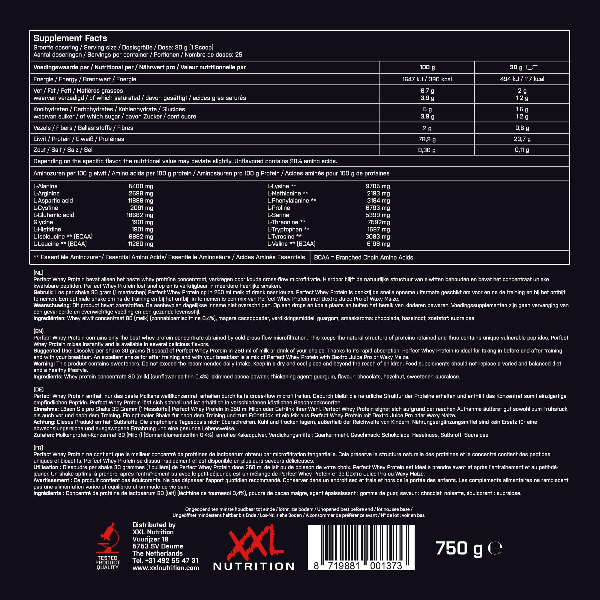 XXL Nutrition - Perfect Whey Protein - Eiweiss Pulver, Beste Qualität 100% reines Konzentrat, Mit EAA & BCAA - 78,5% Proteingehalt - 750 Gramm - Schokolade - Haselnuss