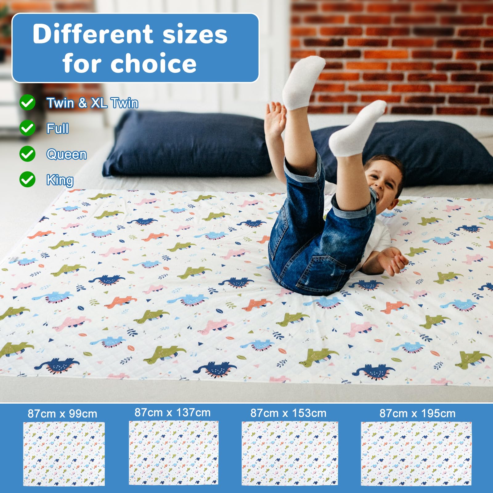 FLYISH DIRECT Almohadilla de Cama de Entrenamiento para IR al baño Lavables, Protector de Colchón Impermeable, Protector de Cama Impermeable para niños, Antideslizantes, Dinosaurio, 87x153cm