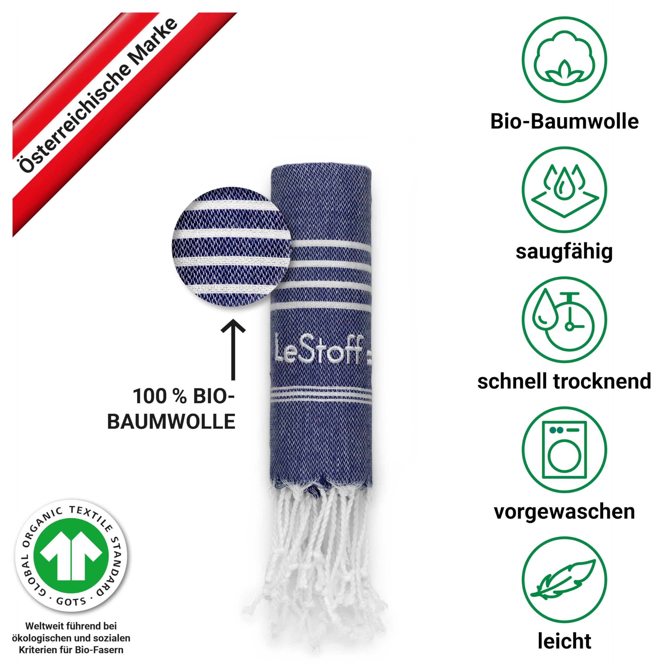 LeStoff 5er-Set Hamamtuch 50 x 100 cm – 100% Bio-Baumwolle, Vorgewaschen, Nachhaltig, Leicht, Kompakt, Saugstark & Schnelltrocknend - Handtuchset für Bad, Gäste, Gesicht, Sport, Reise, Camping (Navy)