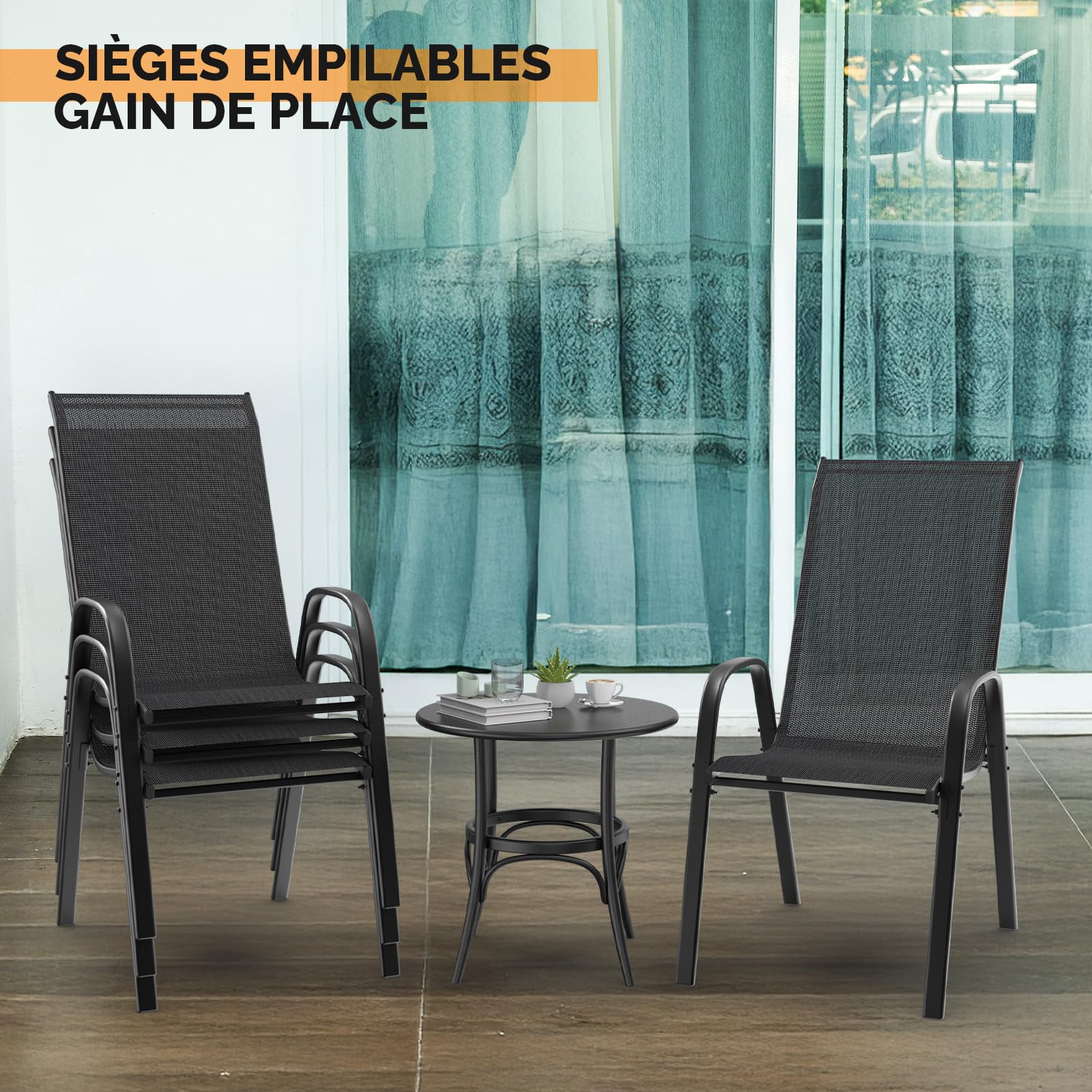 Bonnlo Lot de 6 Chaises de Jardin Exterieur - Chaise Empilable, Idéales pour Jardins, Cours, Balcons, Restaurants, Facile à Installer, Confortable et Design (Noir, Lot de 6)