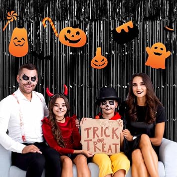 3 Pack Black Foil Fringe Curtains Backdrop, 3.28 x 6.6 Ft Metallic Streamers Tinsel Curtains Background for Photo Booth, Birthday, Halloween, Christmas, Thanksgiving, New Year Party Decorations