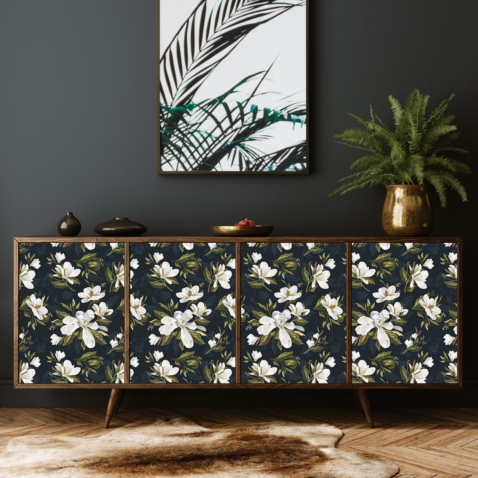 Carta da parati floreale nera in fiore Gardenia bianco grande fiore carta da parati Peel and Stick 61 x 299,7 cm decorativo floreale scuro carta da contatto per armadi pareti rimovibili