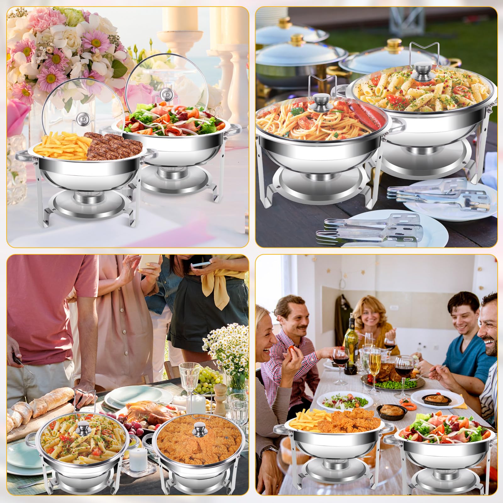 Juego de 2 platos para frotar, 5 cuartos de galón, olla redonda para mantener caliente, con tapa de vidrio y soporte, mantiene la comida caliente para fiestas, catering, boda, camping, cena