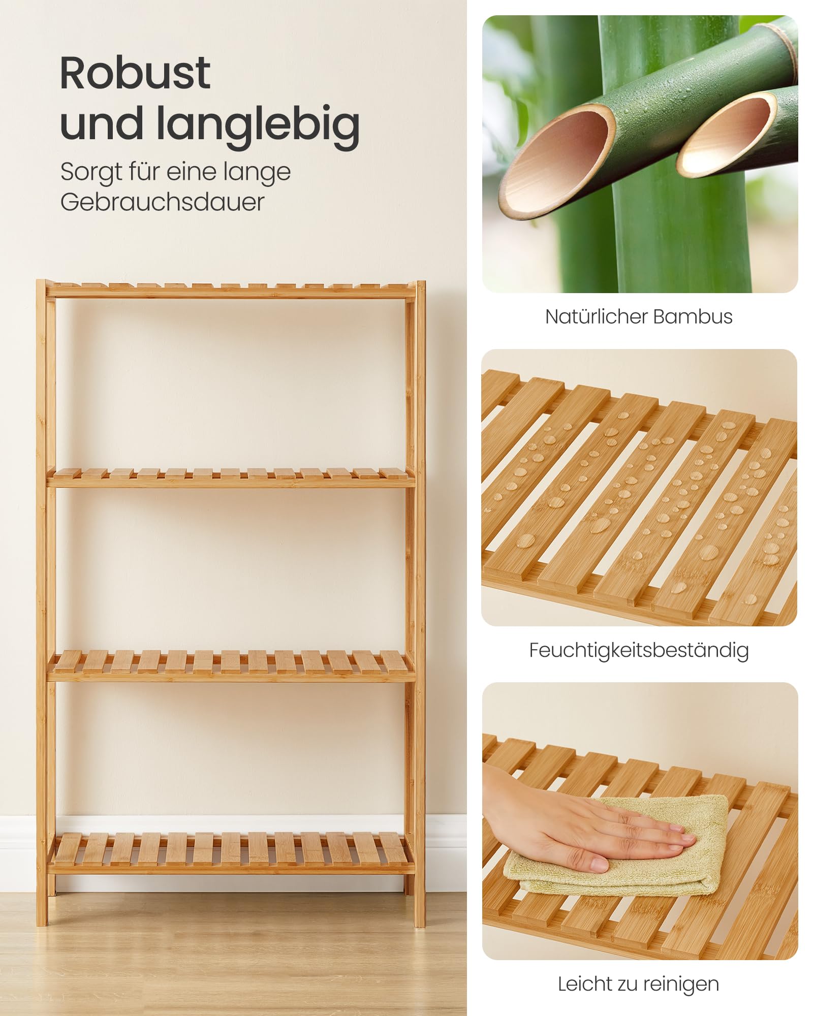 SONGMICS Badezimmerregal, Badregal, Küchenregal, Schuhregal mit 4 Ebenen, Standregal aus Bambus, 26 x 60 x 100 cm, für Bad, Wohnzimmer, Flur, Küche, naturbeige BCB034Y01
