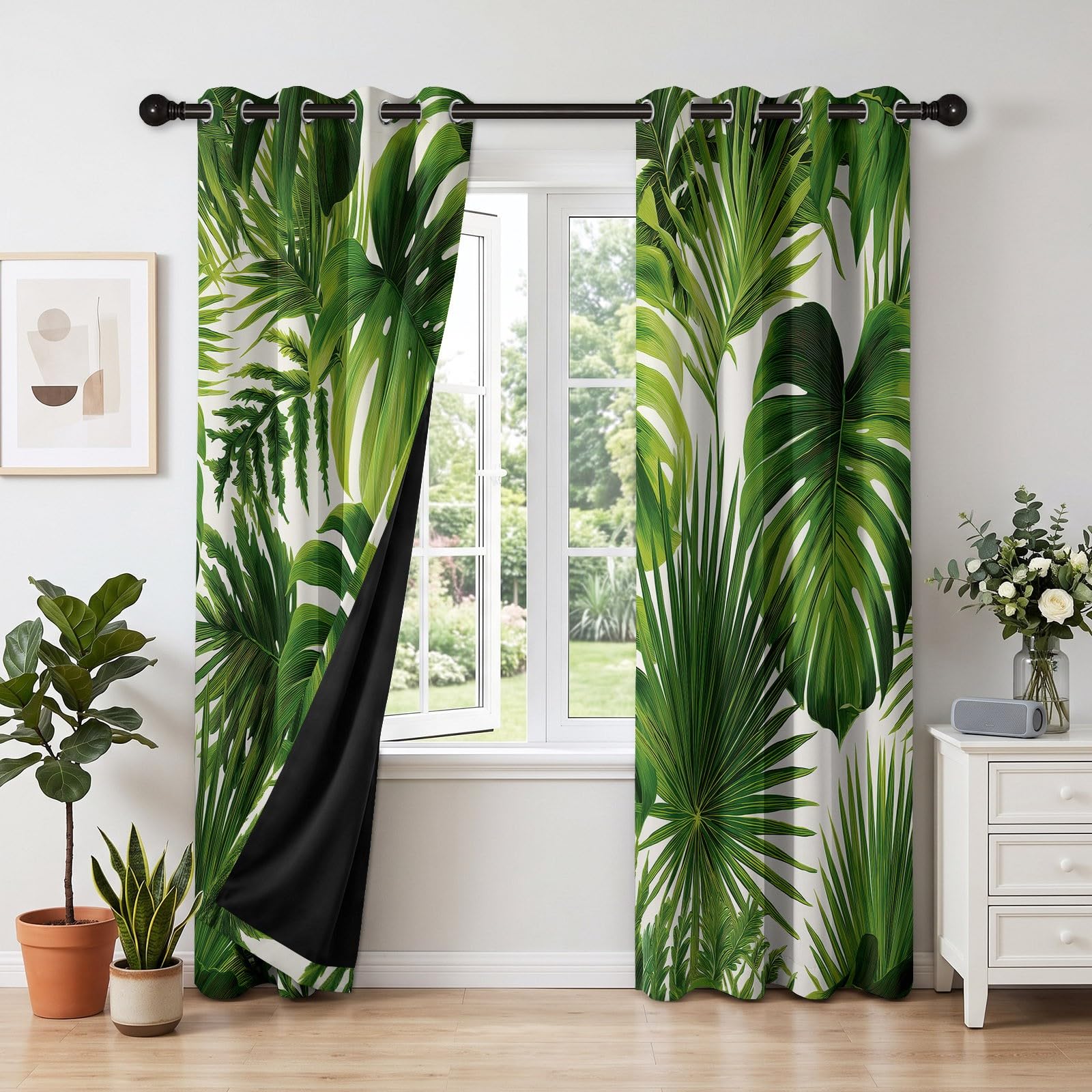 Zielona termiczna zasłona zaciemniająca, rośliny Monstera Deliciosa Palm Leaves Zestaw 2 zasłon z izolacją akustyczną, oszczędność energii, idealna do sypialni, salonu, okna 117 x 229 cm