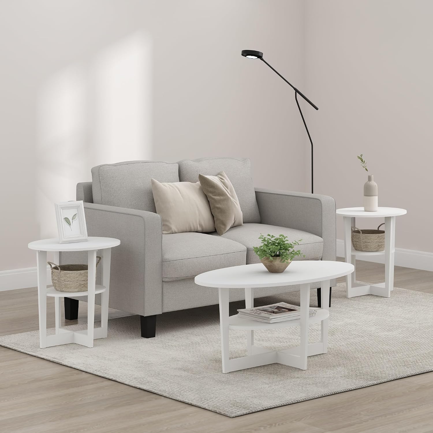 Furinno Jaya 2-Tier Round Coffee Table, Small White Coffee Table with Storage Shelf, Oval Center Table for Living Room, Bedroom, Home Office, Plain White
