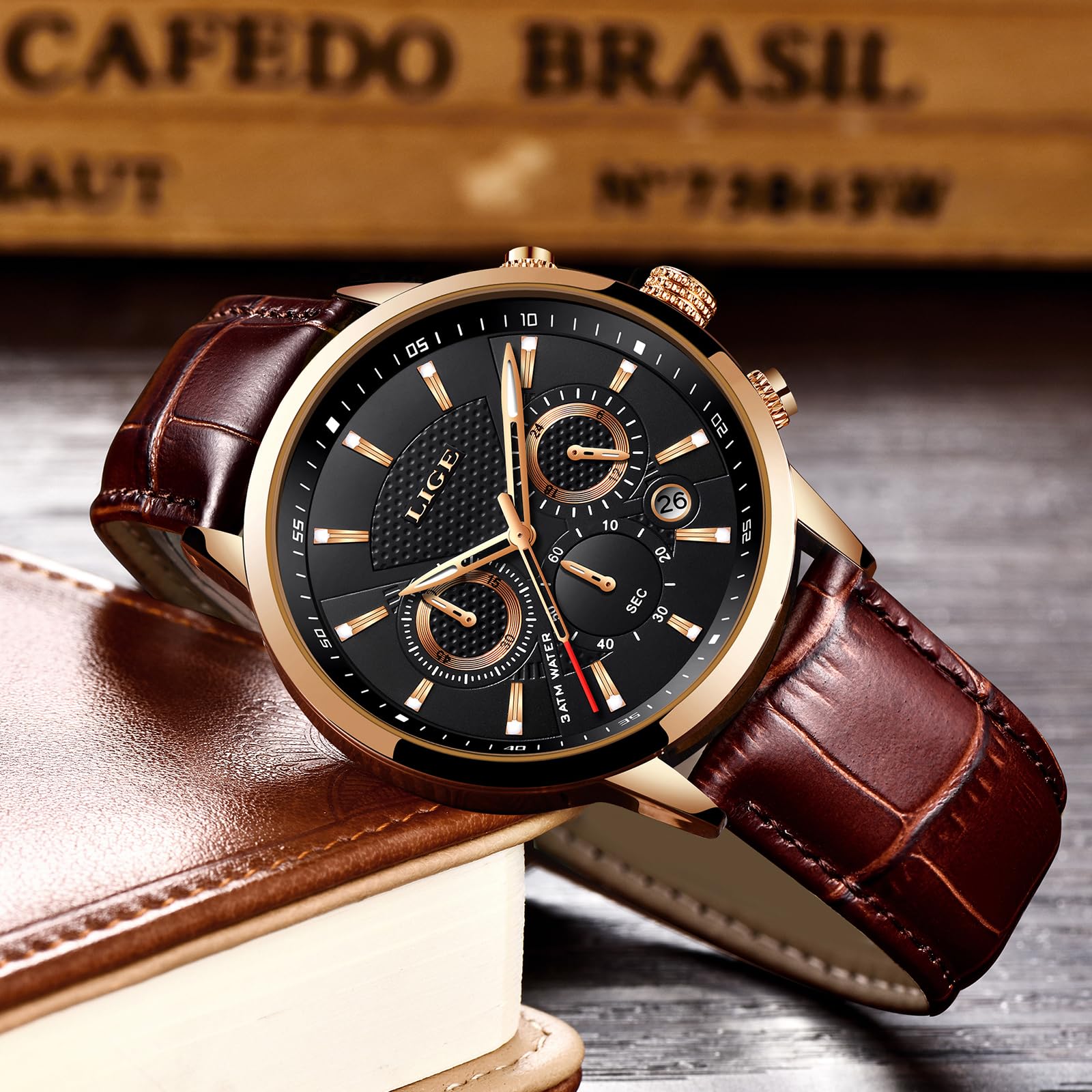 LIGE Orologio Uomo Mode Elegant Acciaio Inossidabile Pelle Impermeabile Analogico Quarzo Classico Cronografo