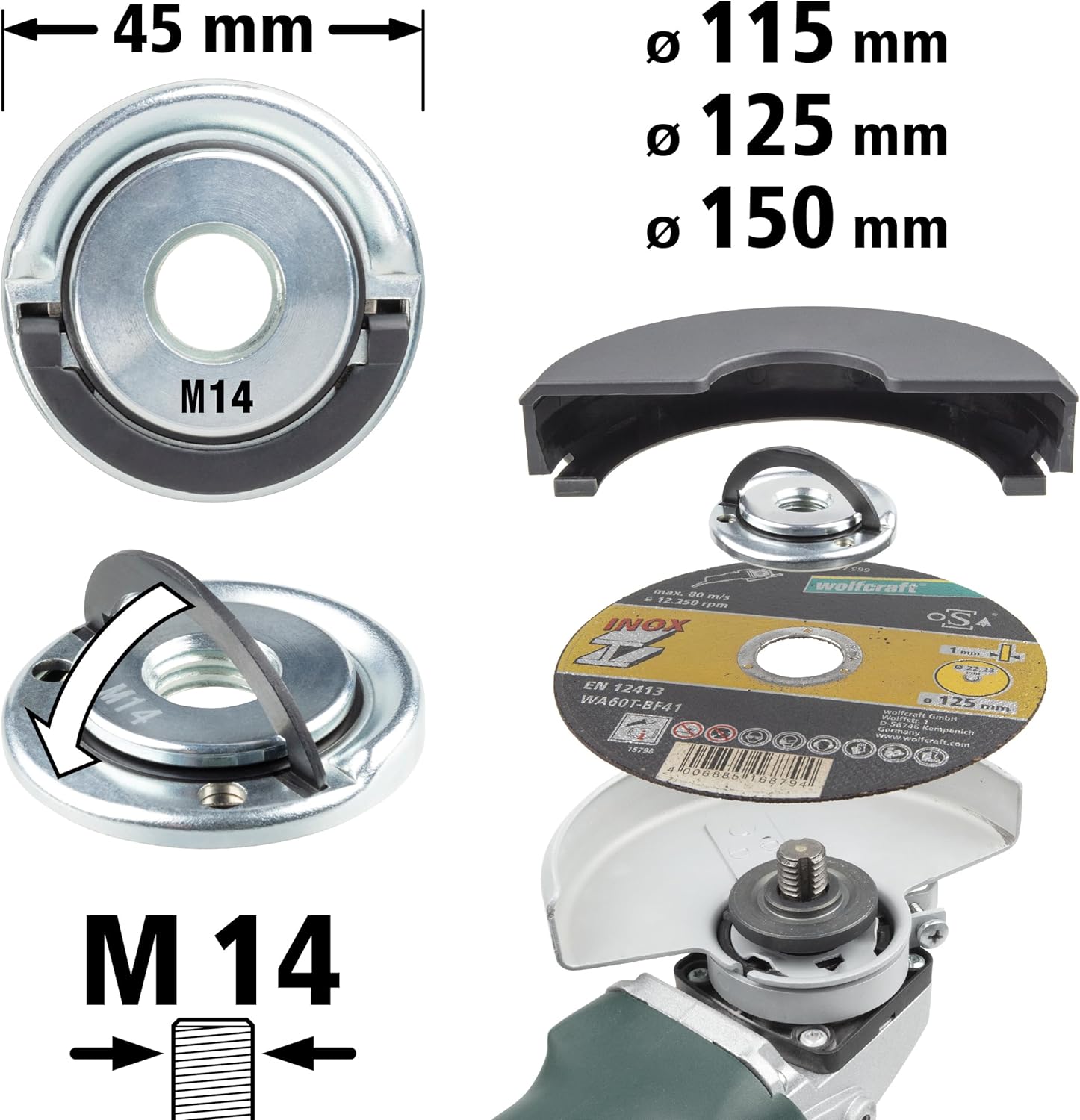 wolfcraft Quick Lock nut for Angle Grinder 2463000 Ø 45 mm M14