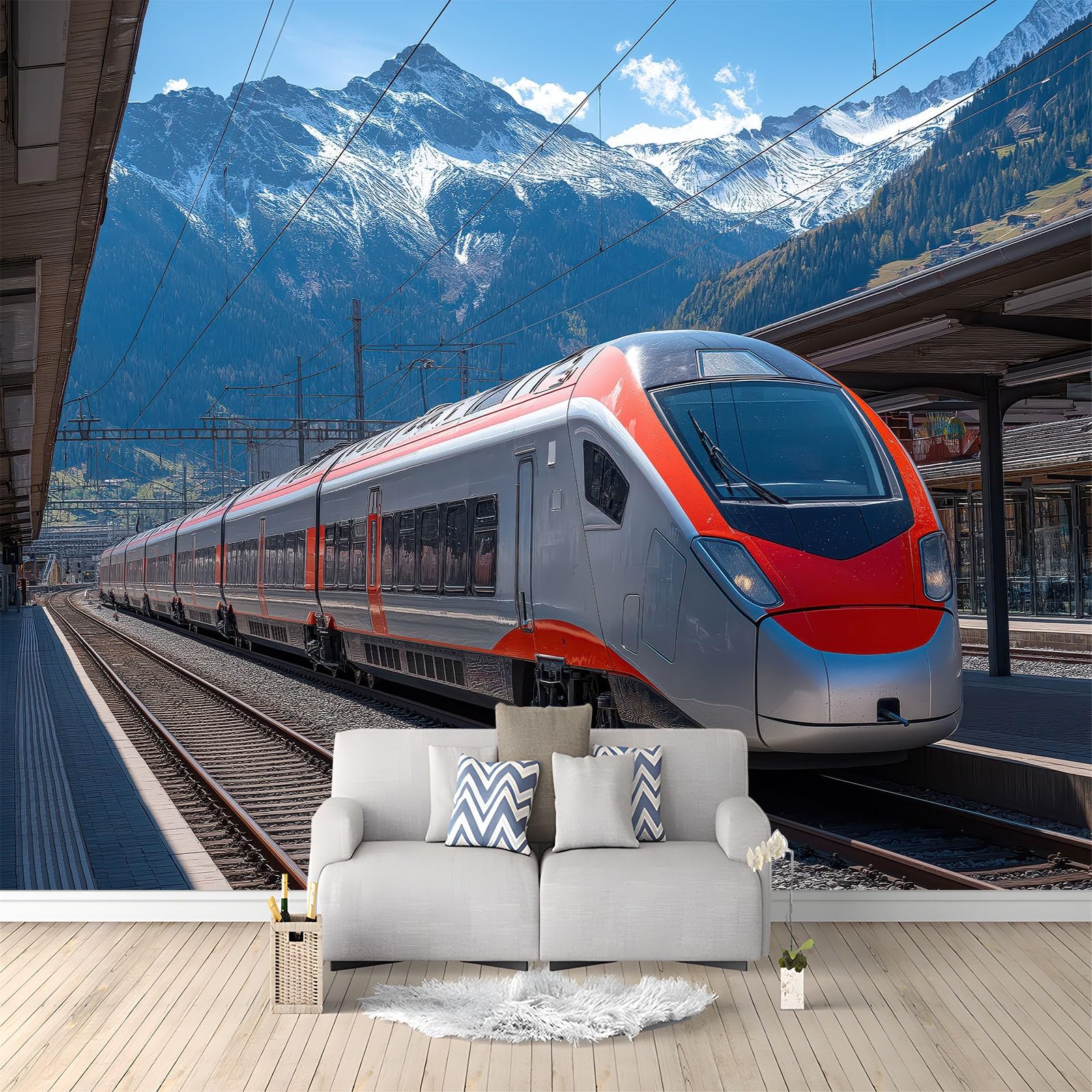 Wallpaper - Wall Mural 200 x 140 cm Sofa TV Kids Bedroom Non-Woven Premium Art Print Blue Wall Mural Decoration Poster Picture Design Writing Train Mountains
