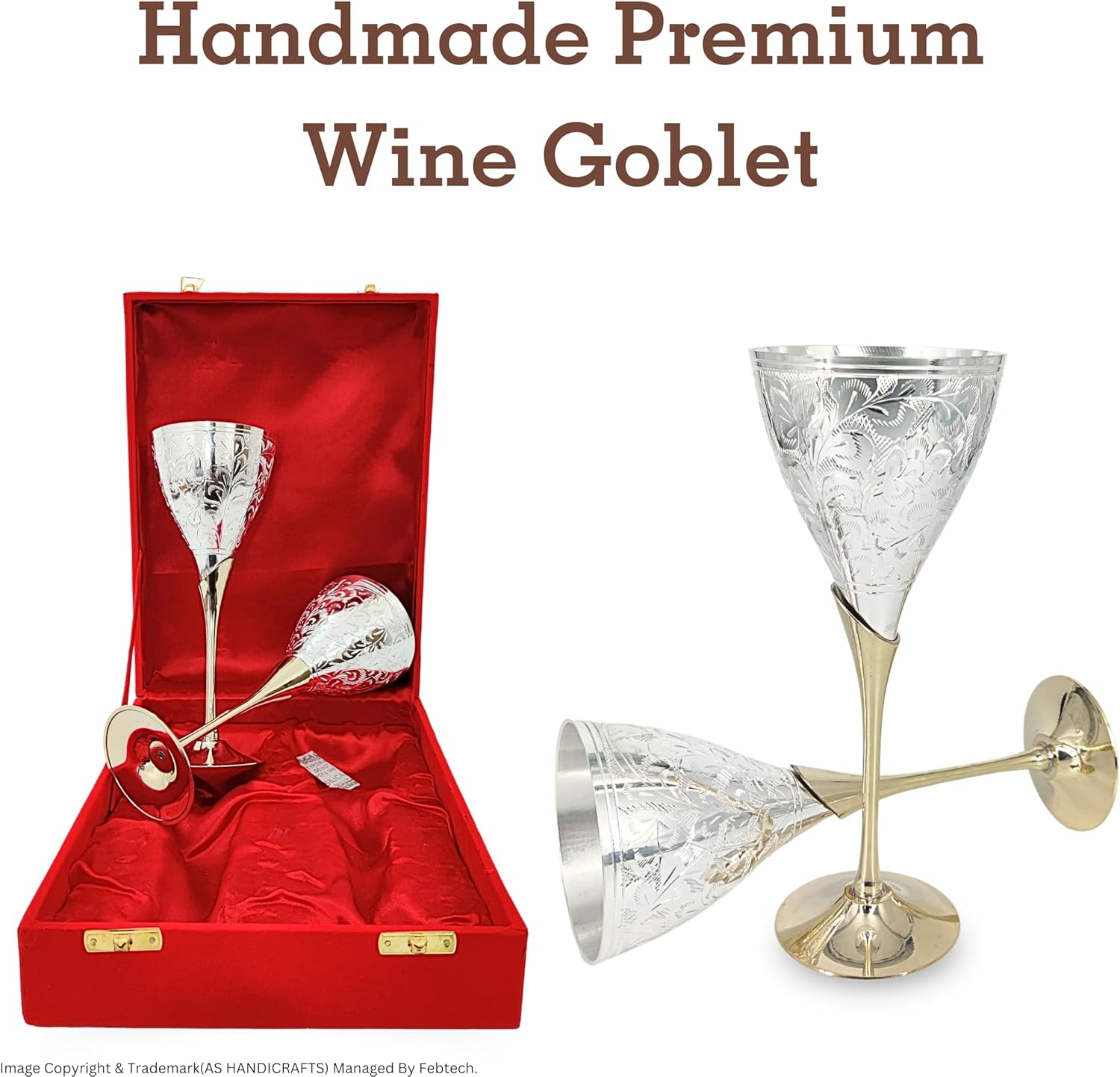 Handmade Brass Champagne Goblets Set of 2 with Gift Box – Silver-Plated Engraved Wine Glasses – Vintage Decorative Drinking Cups for Anniversary, Wedding