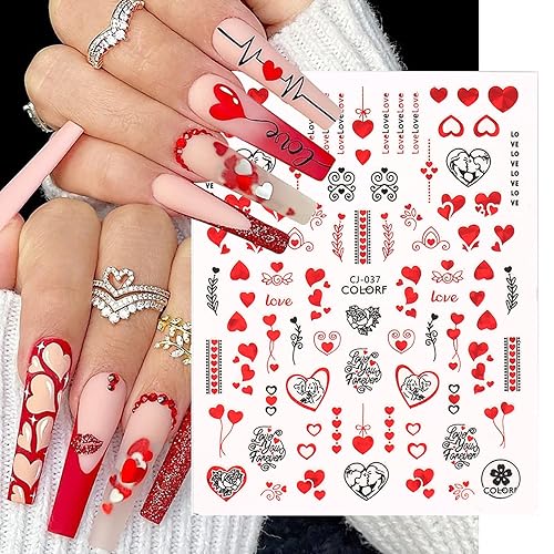 Calcomanías de uñas para el día de San Valentín calcomanías de uñas 3D autoadhesivas metálicas negras rojas láser rosas labios letras inglesas amor