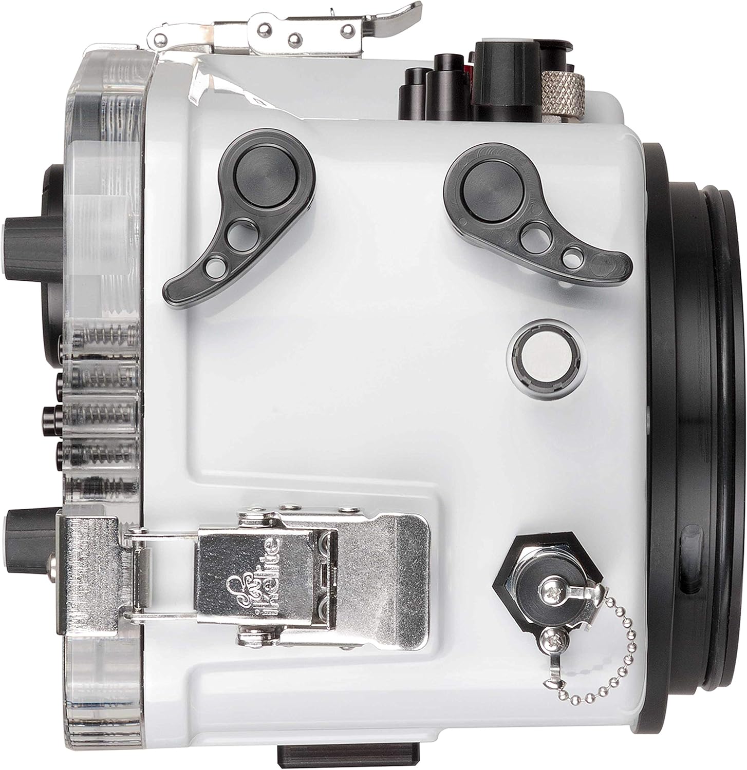 Right side view of the Ikelite 200DL Underwater Housing, showing side-mounted controls and latches.