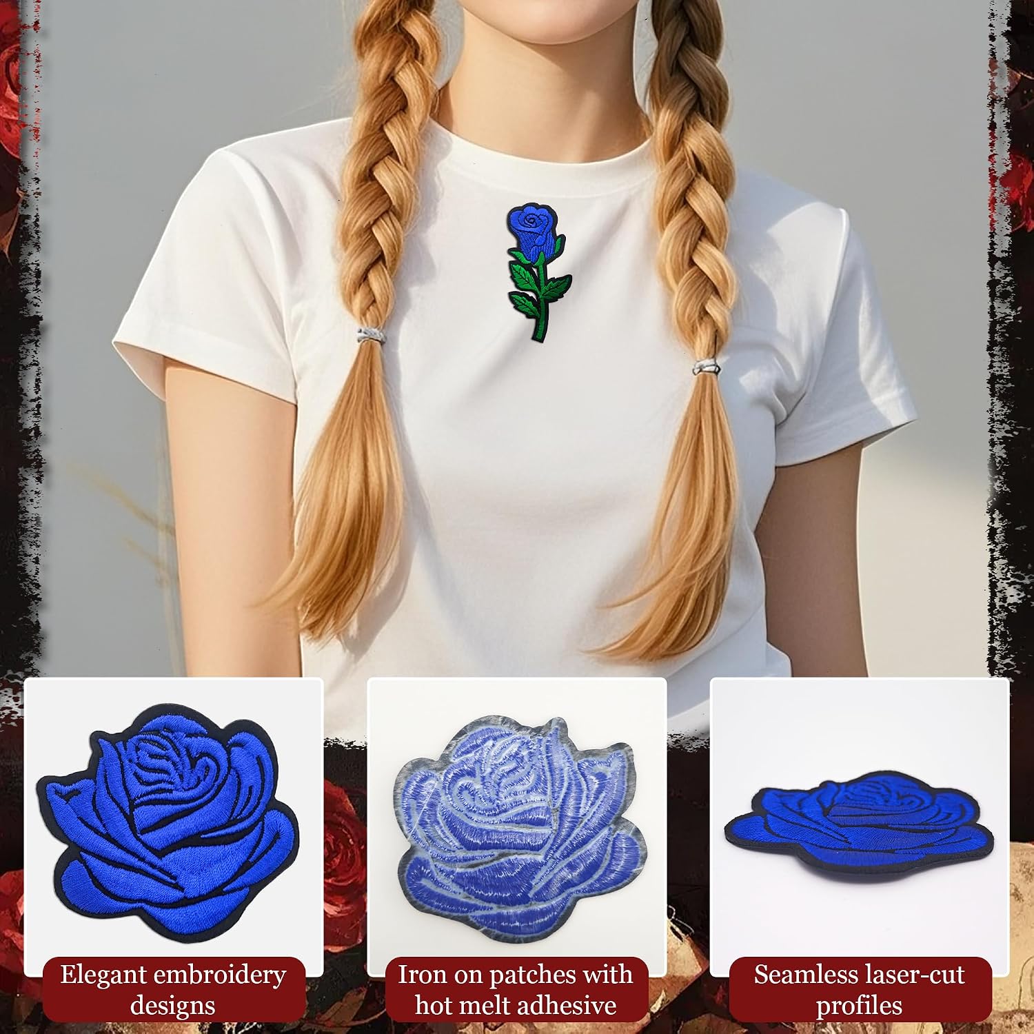 26pcs Rose Iron on/Sew on Patches, Assorted Sizes Floral Embroidered Applique - Cute Blue Flower Patches for Clothes, Hats, Jeans, Jackets, Backpacks, T-Shirts, Dresses - Daily Decoration