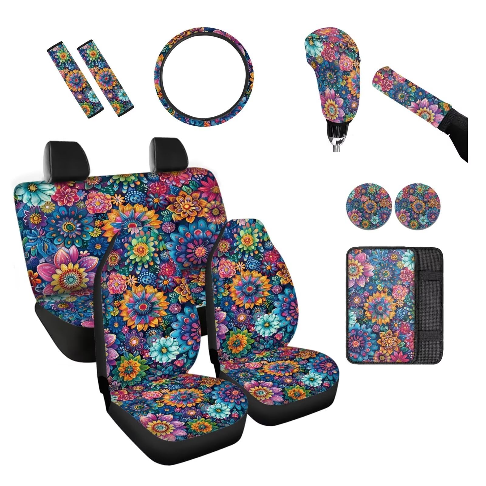 TOADDMOS Boho Flower Blossoms - 11 Pack Car Seat Covers, Steering Wheel, Handbrake, Gearshift, Armrest, Seat Belt Pads, Cup Holder Coasters - Universal Fit, Most Vehicles