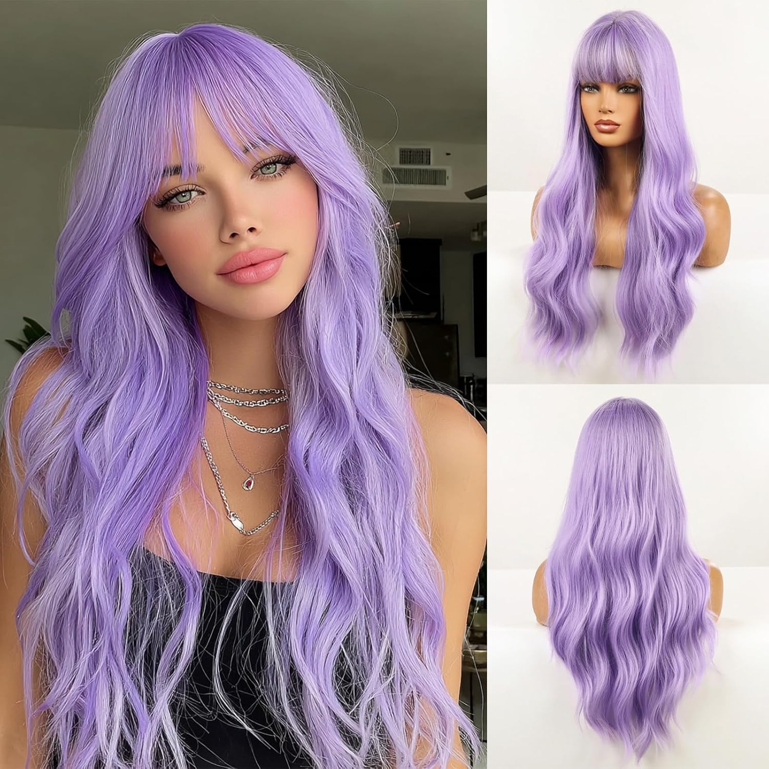Light Purple Wig Long Wavy Wig with Bangs Purple Wigs for Women Synthetic Wig Cosplay 26 Inches Natural Hair Wigs Lavender Colorful Wigs Hair Replacement Fun Wigs for Girls Daily Party Use