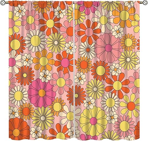 Miniatura 14 de Cortinas con diseño floral, estilo retro campestre de los años 70 y 1960, hippie y bohemio, con flores modernas, para cocina, dormitorio, hogar,