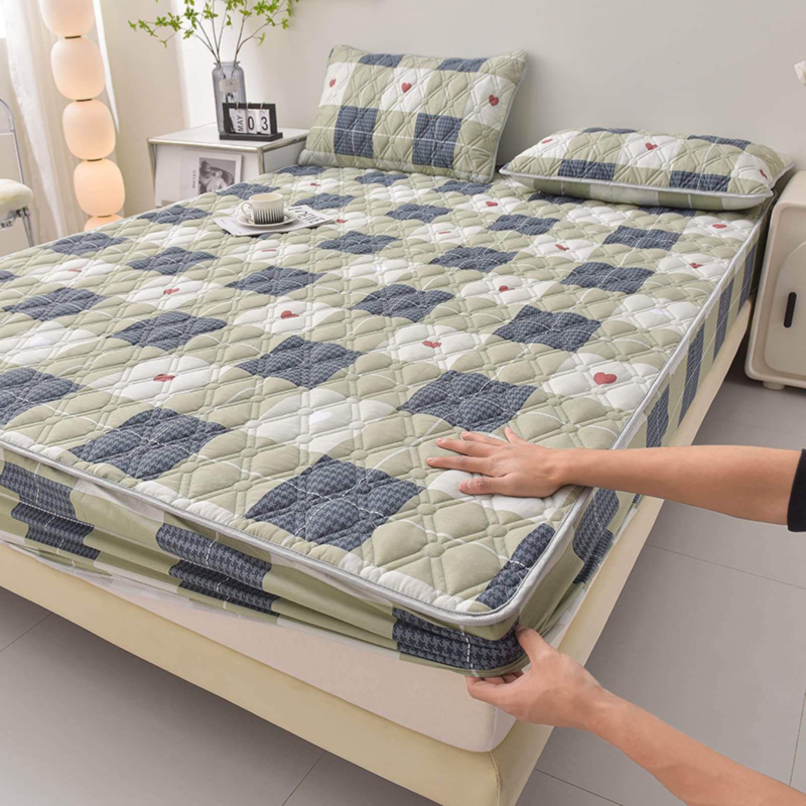 Spannbetttuch Hautsympathisch 180 x 200cm, verdicken, Gesteppte Matratzenauflage, gestepptes Bettlaken und Kissenbezug, Matratzen-Schlafzimmer für Jungen und Mädchen