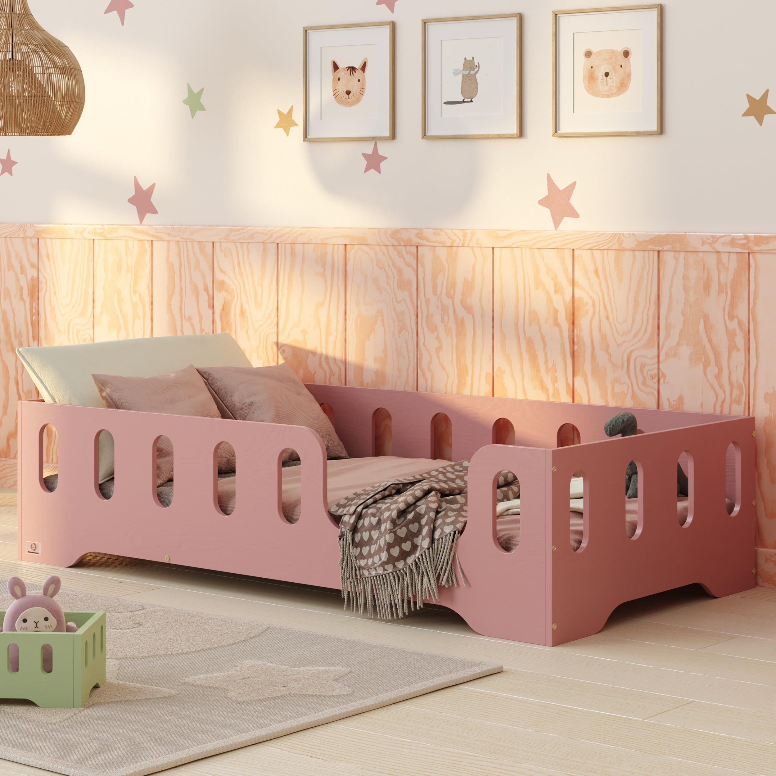 smartwood Bodenbett 70x140 Rosa - Montessori Kinderbett aus Holz mit FSC-Zertifikat TILA 2P mit Rausfallschutz & Lattenrost bis 230kg belastbar - Einfache Montage