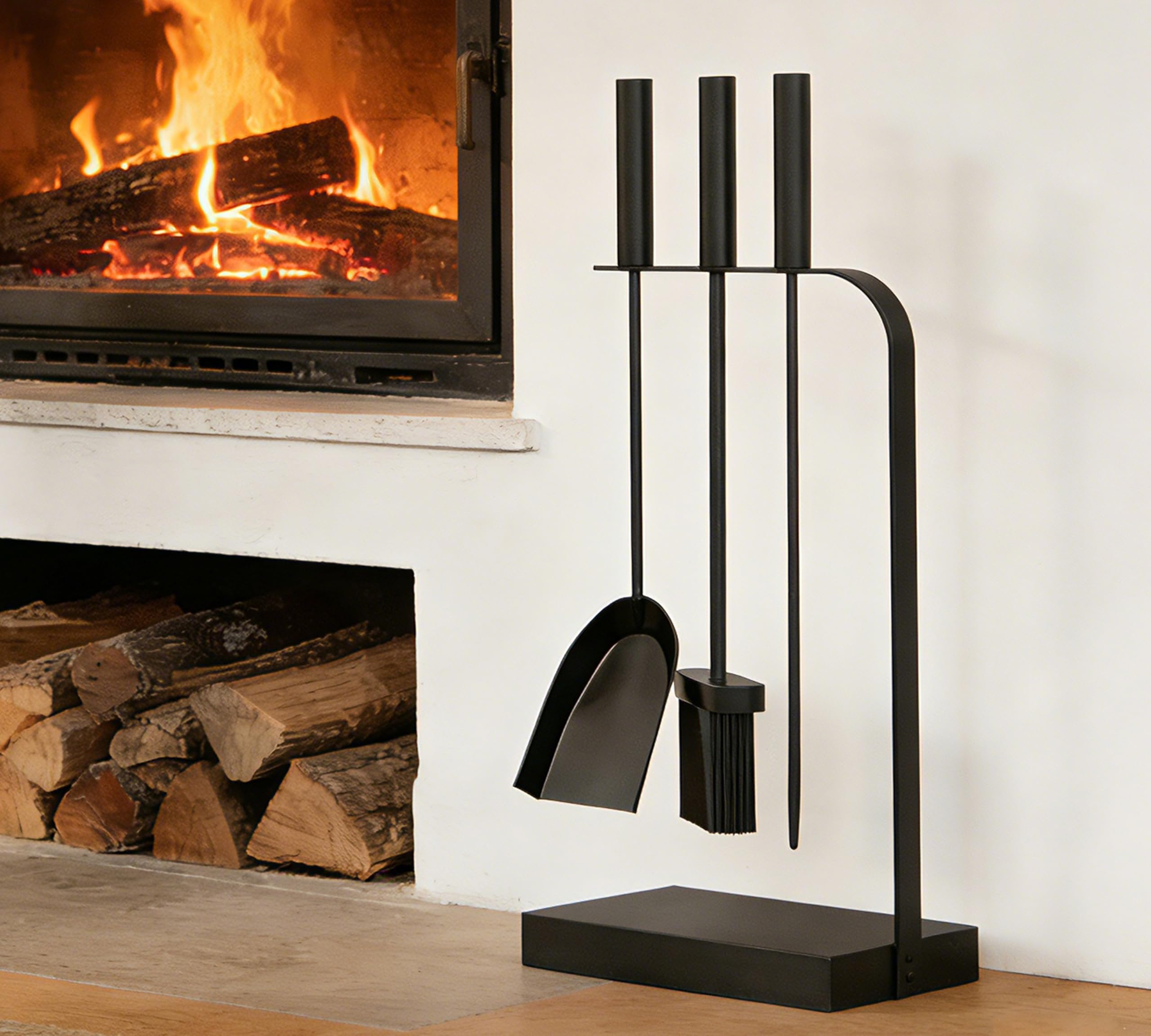 Kingson – Set di accessori per caminetto, 4 pezzi, nero, per bruciatori a legna, include attizzatoio, spazzola e pala