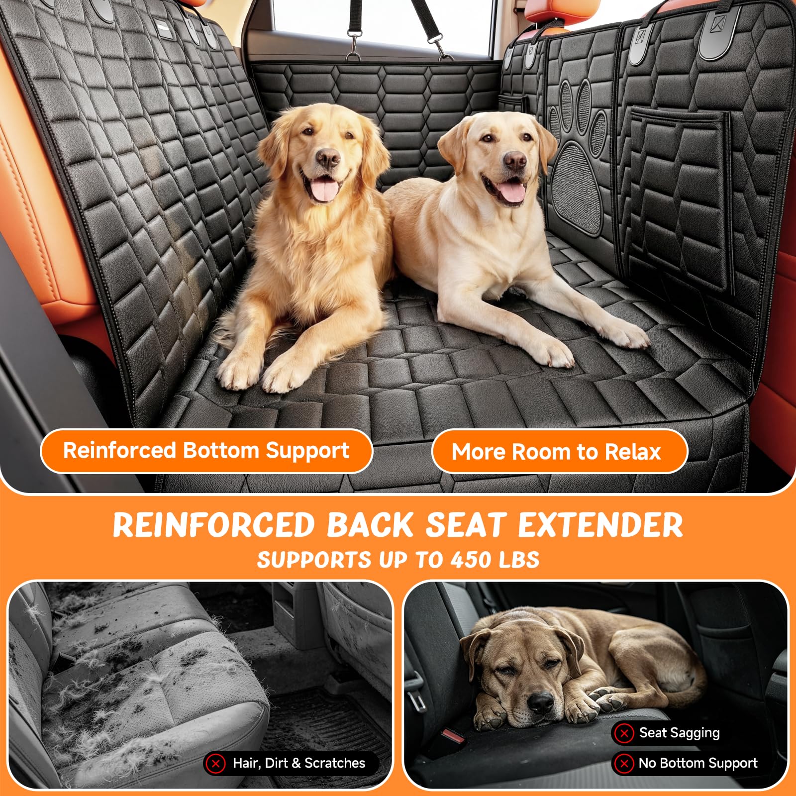 Extension de Banquette Arrière pour Chien, Housse de Siège Voiture avec Fond Rigide Supporte jusqu'à 204 kg, Lit de Voiture Pliable en Tissu Oxford 1680D Imperméable, pour SUV, Berline & Break
