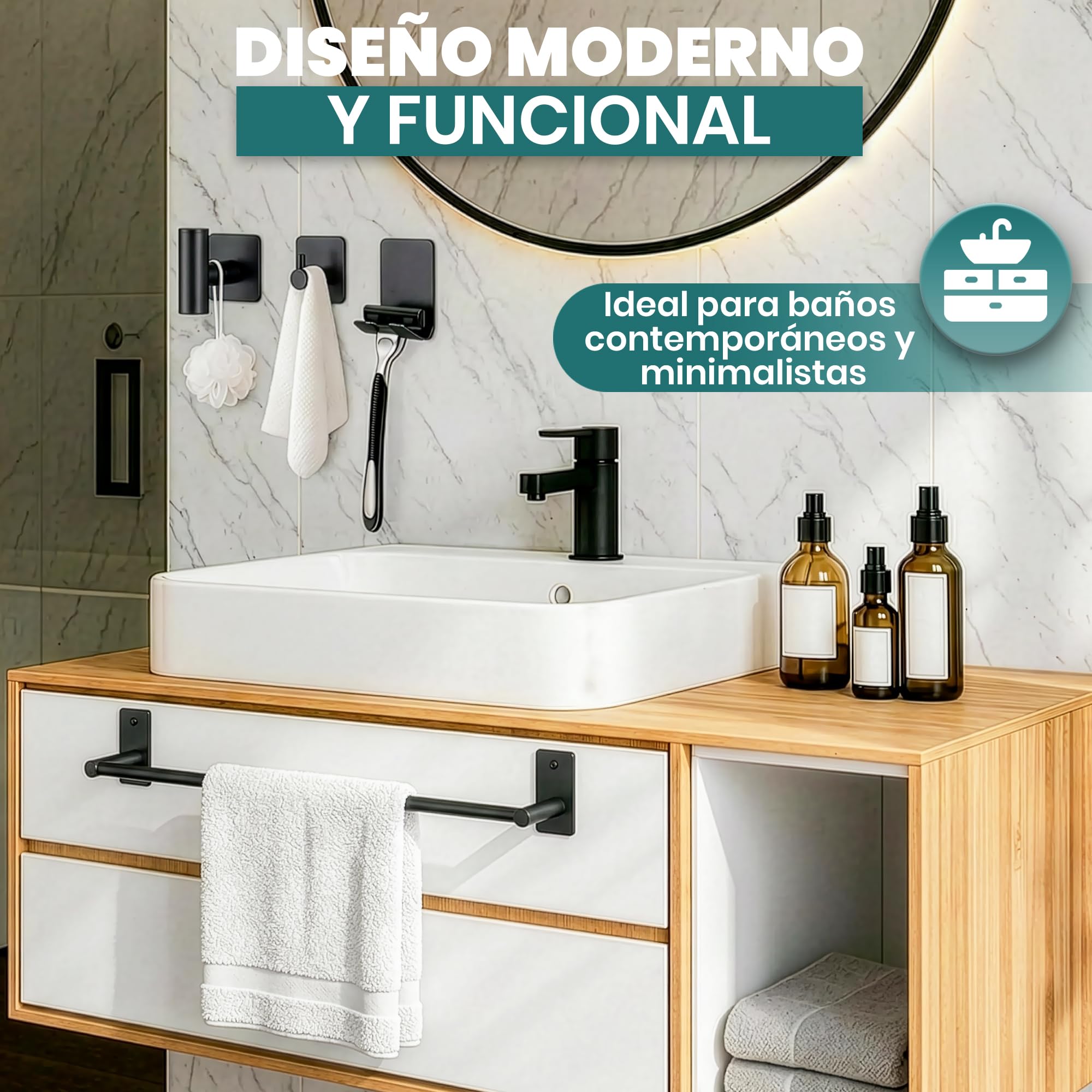 ️Accesorios Baño Sin Taladro Set 9 Piezas Negro, Toallero y Portarrollos con Adhesivo o Tornillos, Ganchos de Pared