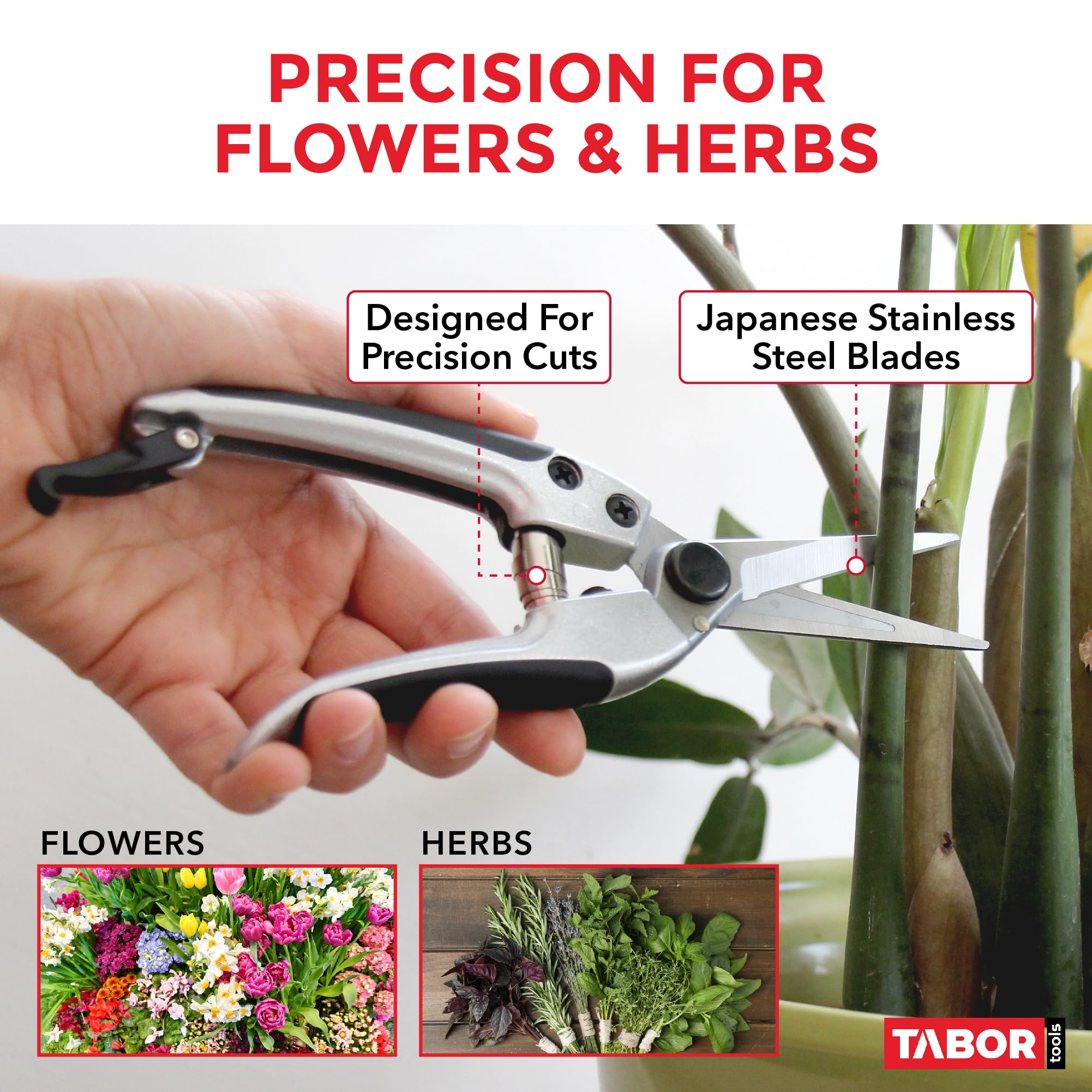 TABOR TOOLS K18E Gerade Gartenschere mit Edelstahlklingen, Blumenschere, Multi-Task-Gartenschere zum Anordnen von Blumen oder Pflanzen und Ernten von Kräutern, Obst oder Gemüse.