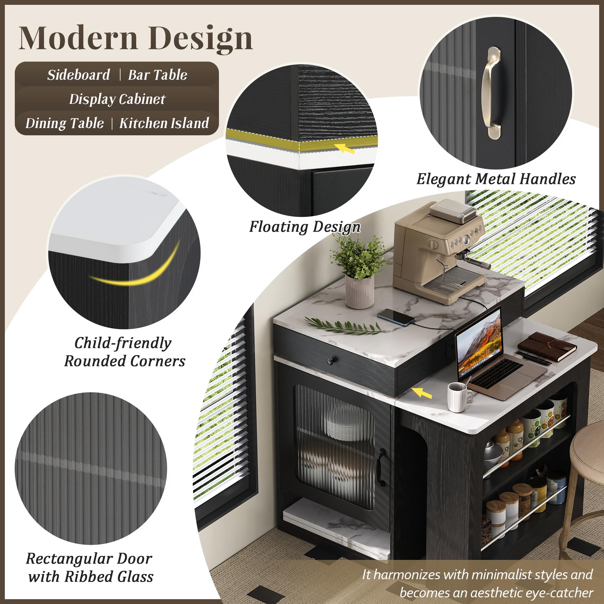 Isola da cucina con ruote, Tavolo da pranzo allungabile con piano smontabile, tavolo bar con prese elettriche, serve come isola da cucina, credenza, credenza o tavolo bar per cucina e sala da pranzo