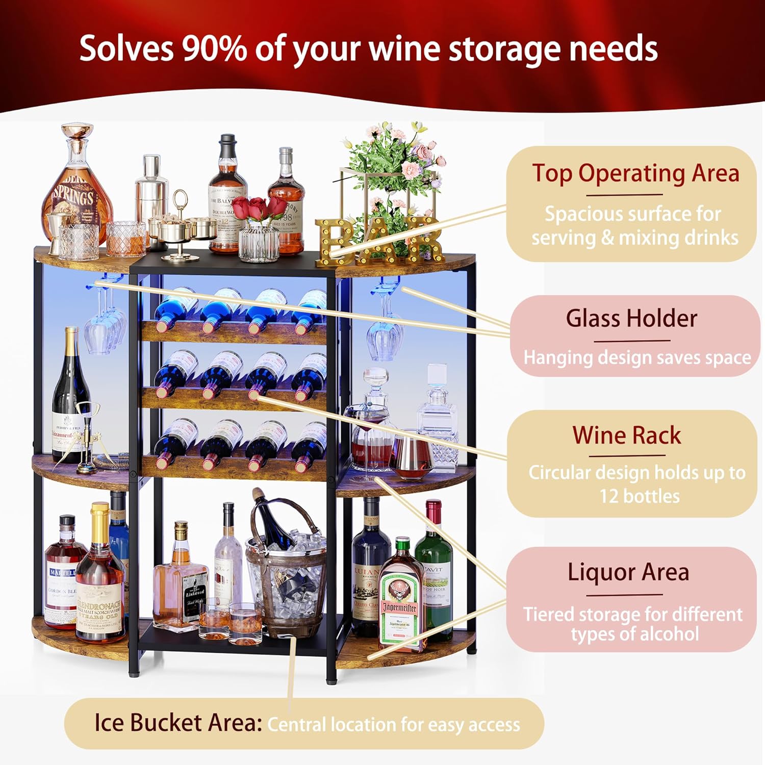 JKsmart Small Wine Bar Cabinet with LED Lights, Mini Wine Rack with Storage and Glass Holder, Home Bar Cart for Liquor, 3-Tier Bar Table for Kitchen, Dining Room, Living Room, Rustic Brown