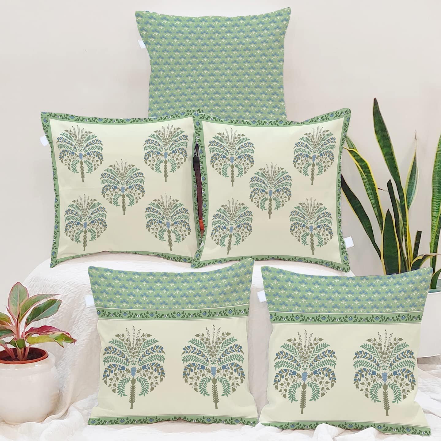 BRICK HOME Set of 5 Polycotton Printed Cushion Covers 16x16 Inches | Traditional Palm & Floral Design | Mint Green, Blue & Beige | Soft Decorative Pillow Covers for Sofa, Couch & Living Room