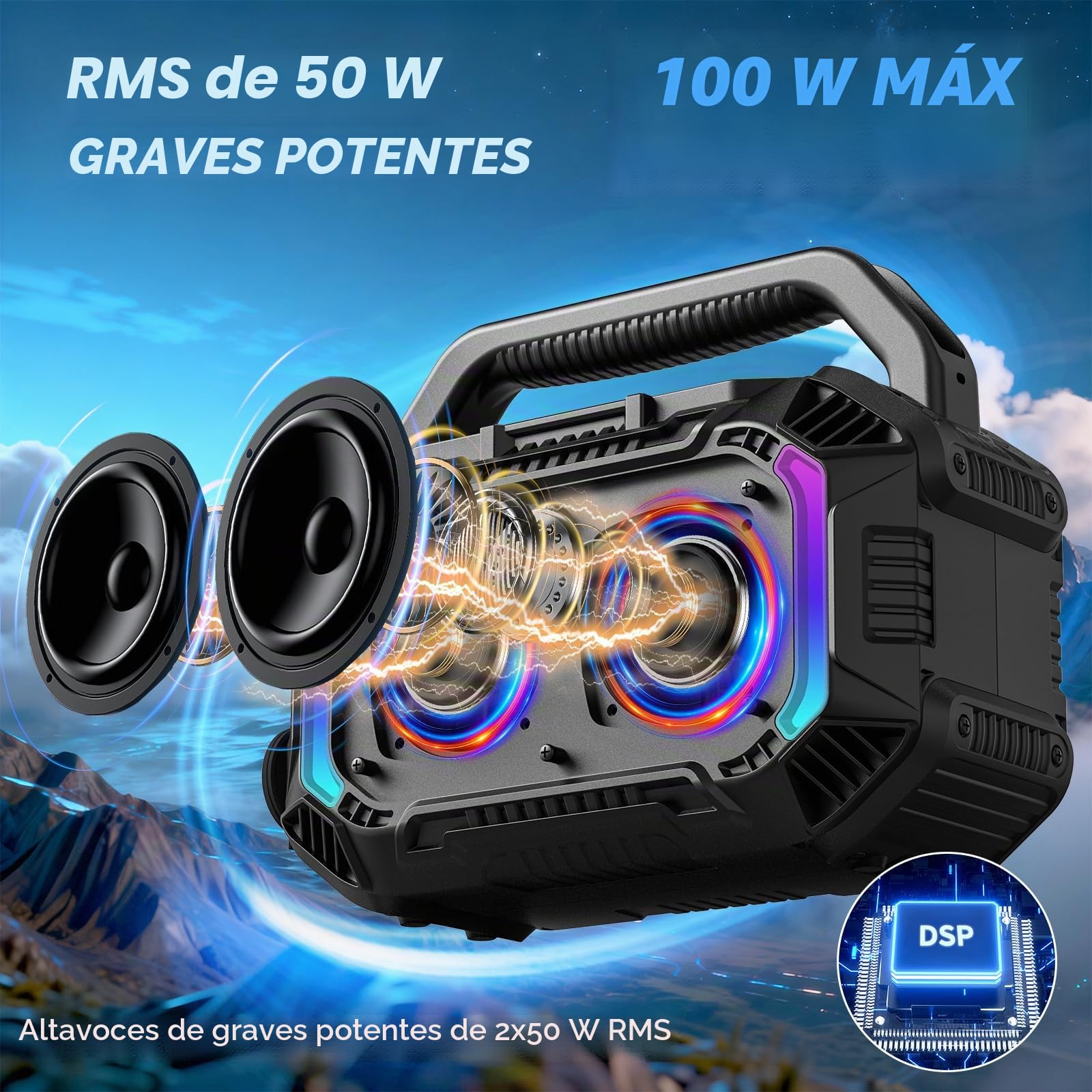 Wilody 100W Altavoz Bluetooth Potente,Impermeable Altavoces Portátil Potente,Altavoz Grande Portatil con 20 Horas de reproducción,Carga inalámbrica,TWS,luz RGB,Altavoz portátil,Negro