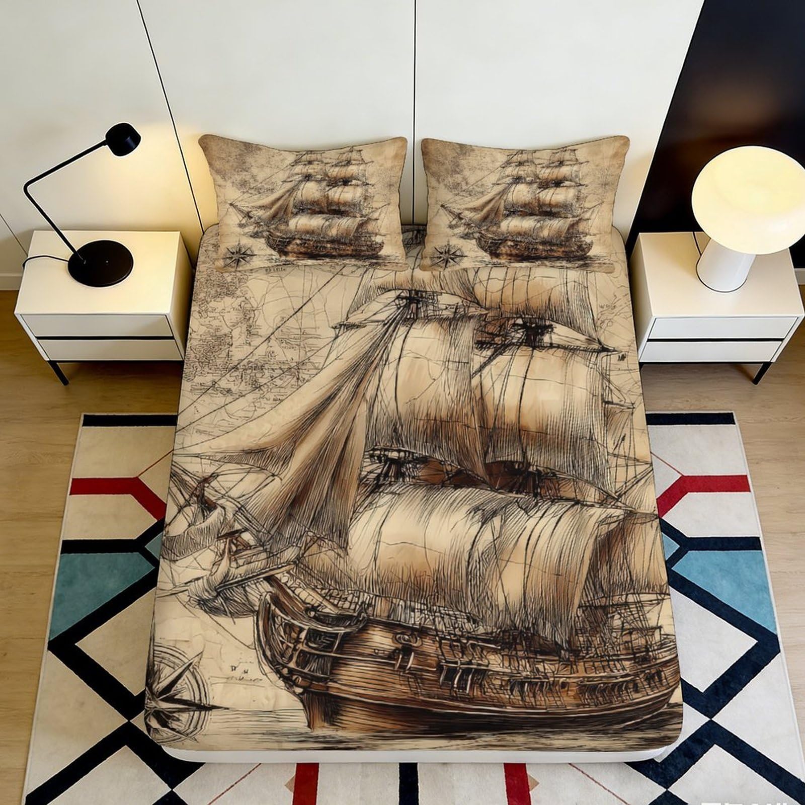 3D Printed Vintage Sailing Ship Fitted Sheet Microfiber Soft Anti-Slip Old Map Mattress Cover for Bedroom Guest Room 180x200x25cm