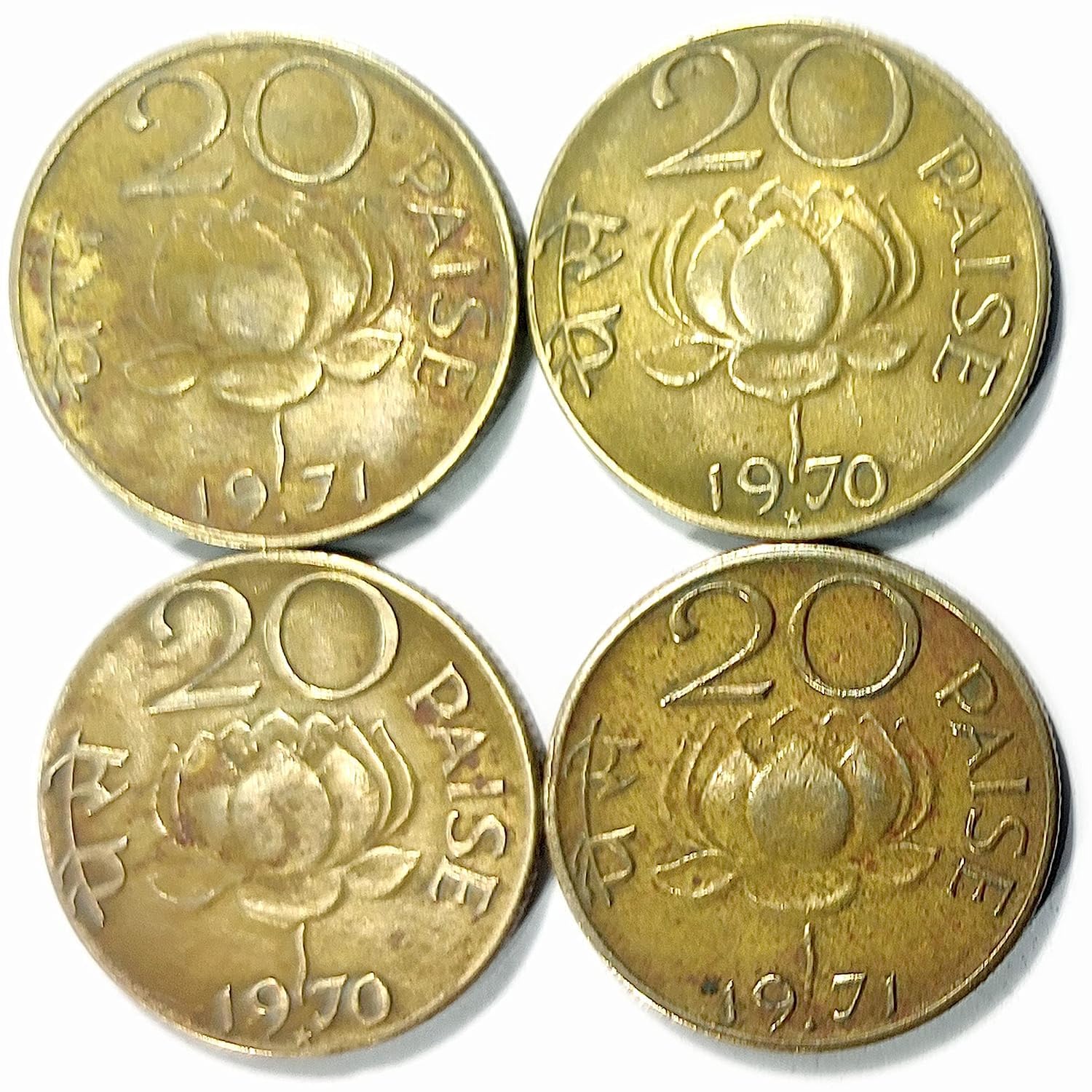 Arunrajsofia Old India 20 Paise Lotus Coins (1968-1971) - 4 Brass Coins LOT - Year May Vary Depending On The Availability