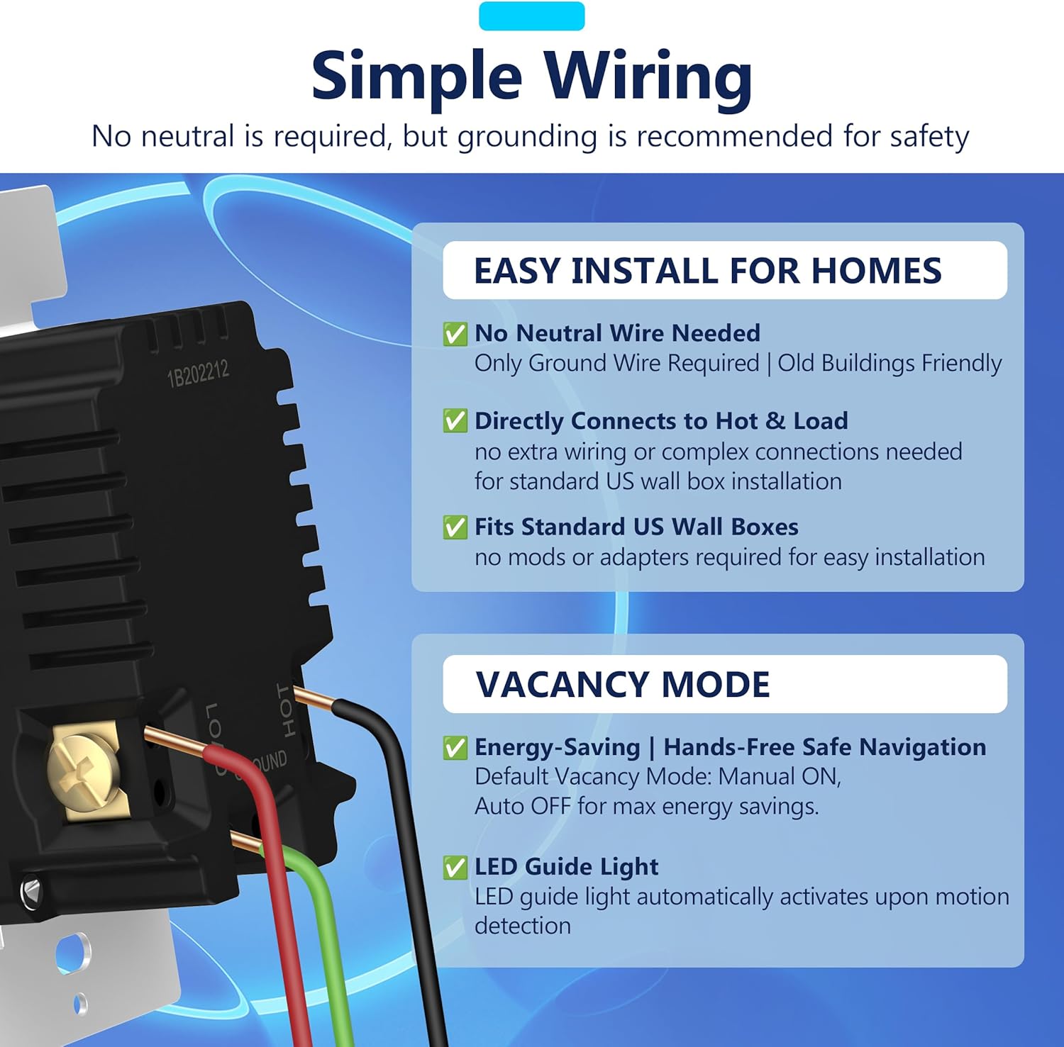 LIDER PIR Motion Sensor Switch with LED Guide Light, 1200 Sq. Ft. Coverage, No Neutral, Ground Required, Adjustable Time Delay, UL Listed, Screwless Wall Plate Included, Gold