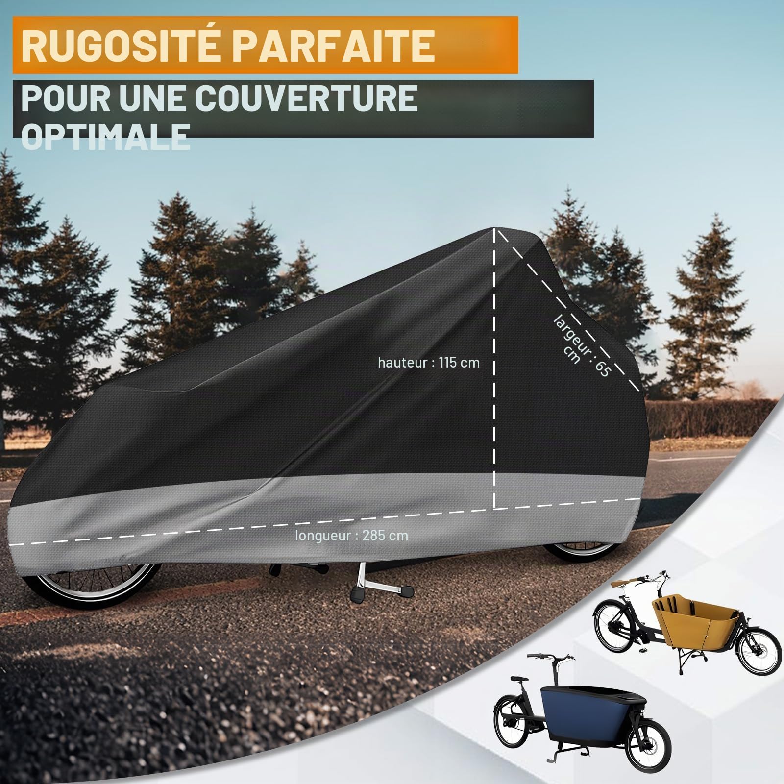 WingFly Housse de Protection pour Vélo Cargo en Tissu Oxford 420D - Imperméable, Résistant aux UV, Indéchirable, 285 * 65 * 115 cm