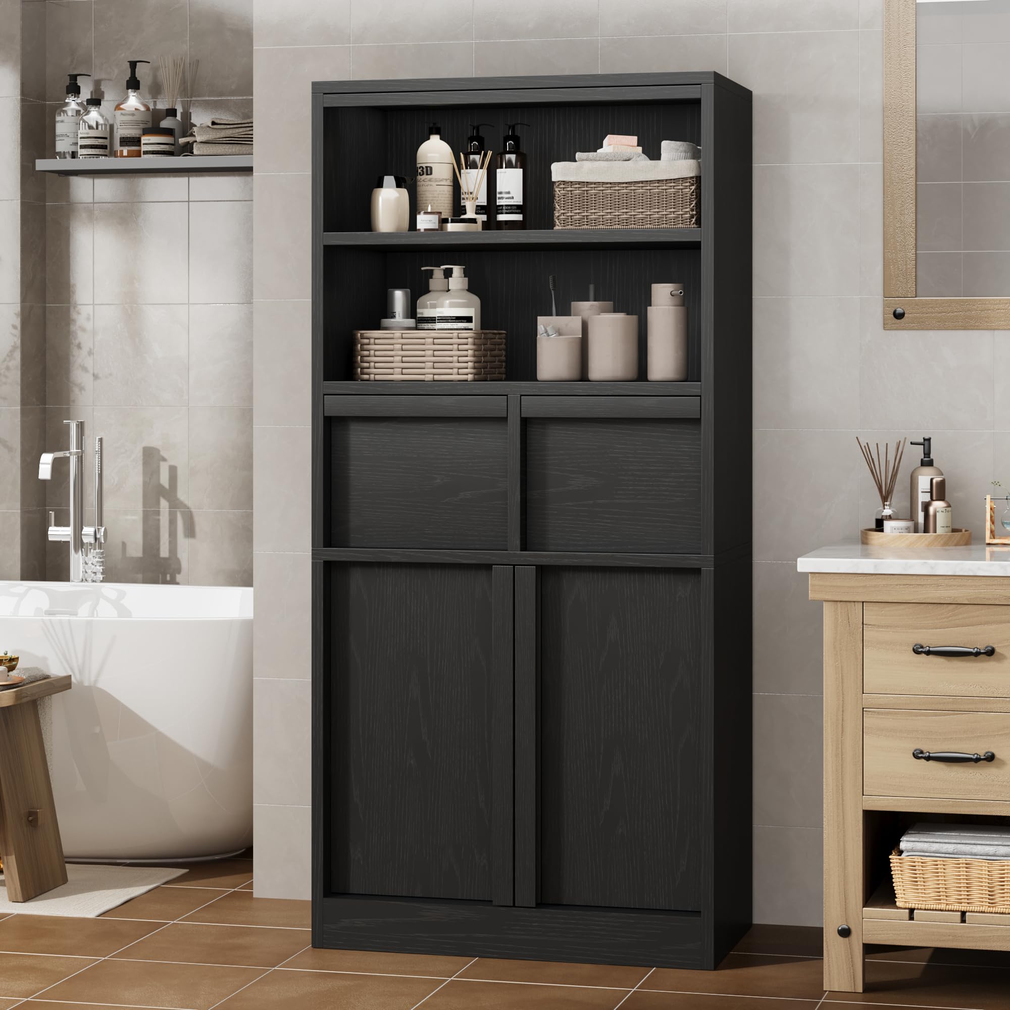 Garvee Tall Bathroom Cabinet, Floor Storage Cabinet with Doors & 2 Drawers, 51" H Tall Organizer Cabinet Freestanding for Bathroom, Living Room,
