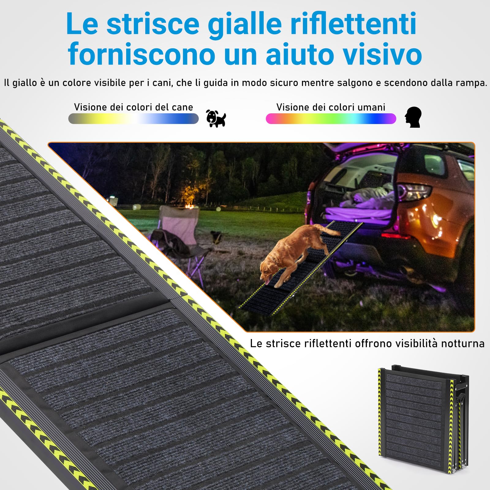 180 x 50cm Rampa per Cani Auto Pieghevole con Strisce Riflettenti, Supporto 70 kg, Leggero e Antiscivolo, Adatto per Camion, Auto, SUV