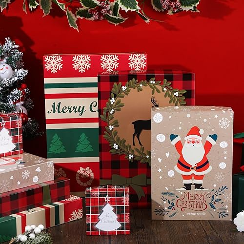 Miniatura 3 de Zhanmai 20 cajas de regalo de Navidad con tapas, cajas de regalo de Navidad y 20 calcomanías de etiquetas de regalo, 4 patrones de 4 tamaños, cajas