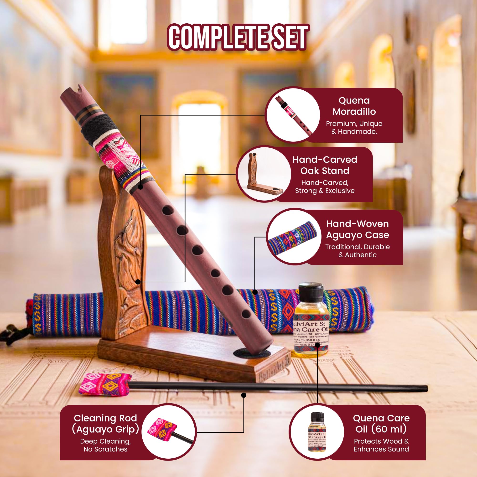 Flöte Quena Moradillo Native Instrument Komplettset Einzigartige Holz Native Flöte Quena mit Premium Dekorative Handgefertigte Holzständer Instrument gestimmt in G Einzigartiges Andeneinzigartiges Set