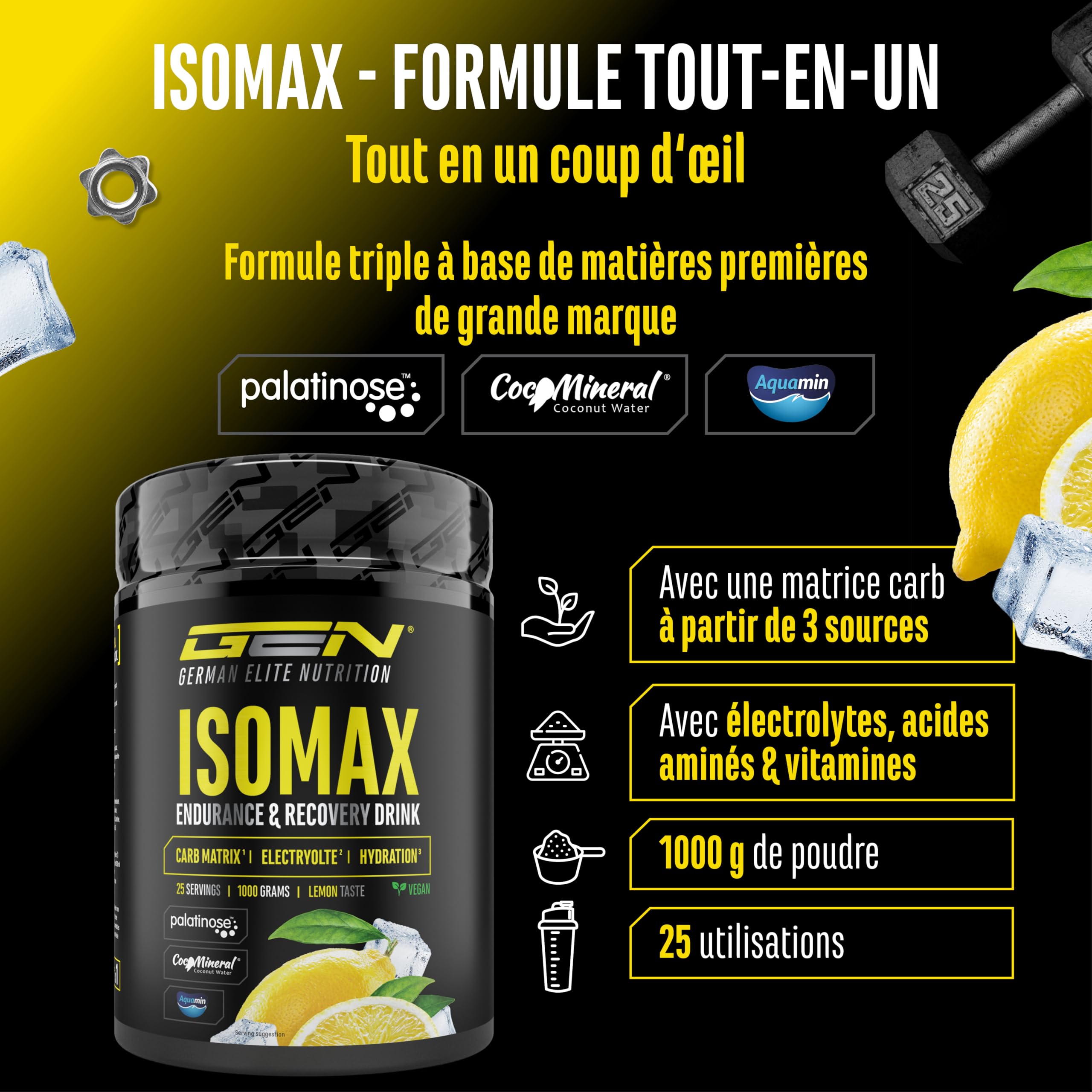 Isomax - 1000g de poudre pour boisson isotonique avec maltodextrine, glucose, eau de coco, acides aminés, électrolytes & vitamines - végétalien - avec Palatinose™, CocoMineral®, Aquamin® (citron)