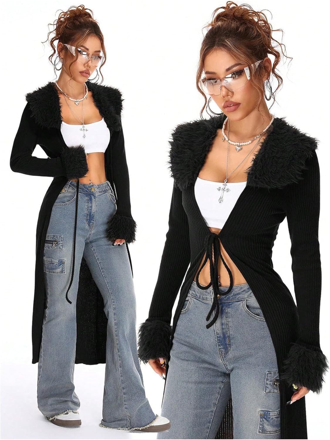 SOLY HUX Long Cardigans for Women Fur Trim Fuzzy Open Front Long Sleeve Tie-up Y2k Knitted Sweater Coats - Image 2